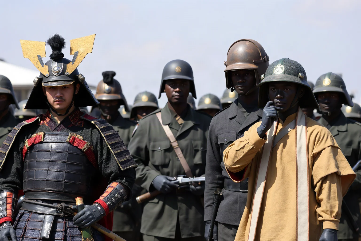 Traditional samurai and modern-uniformed soldiers standing together, symbolizing old and new Japan