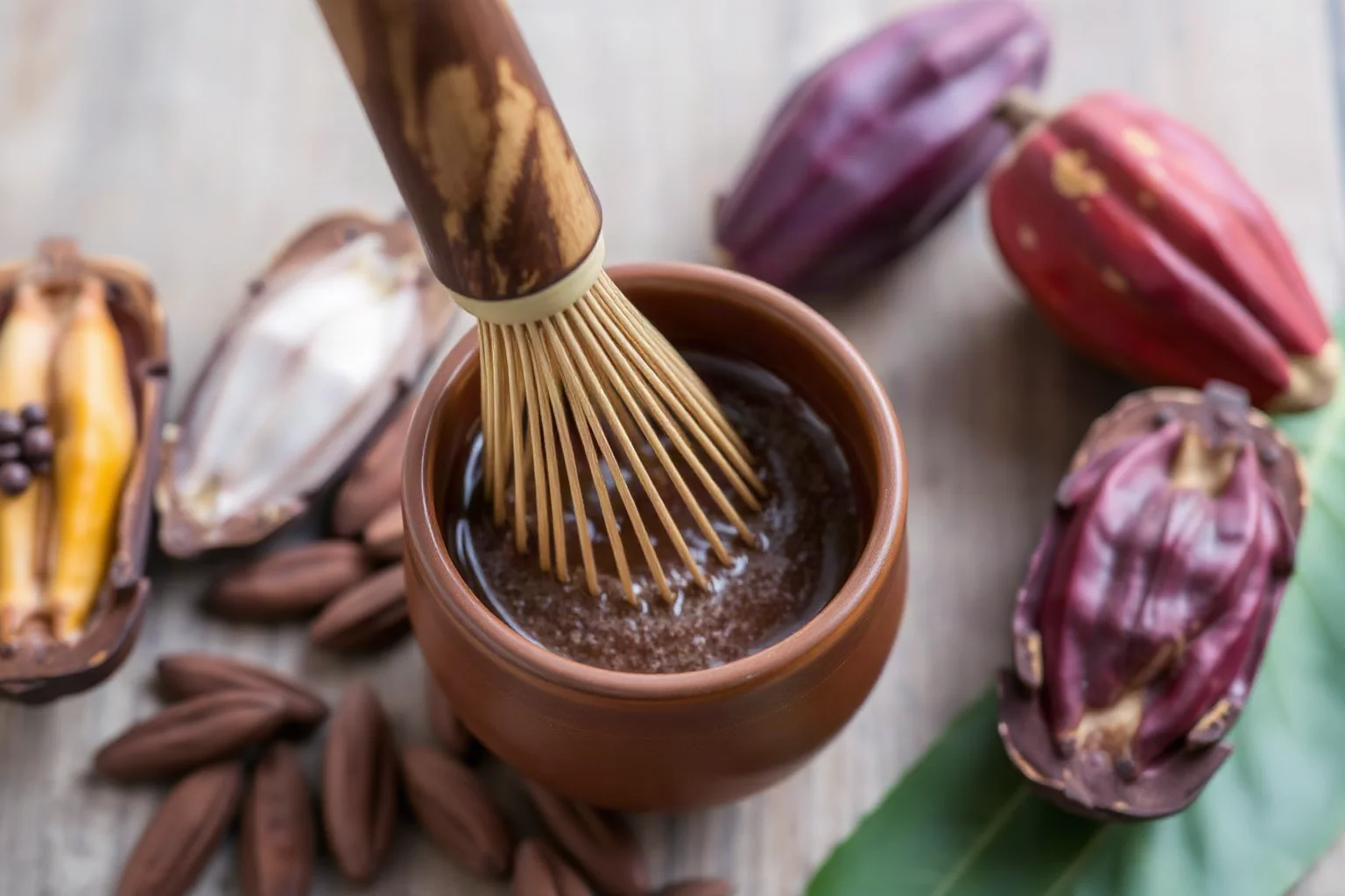 Traditional wooden whisk frothing a cup of ceremonial cacao drink beside cacao pods