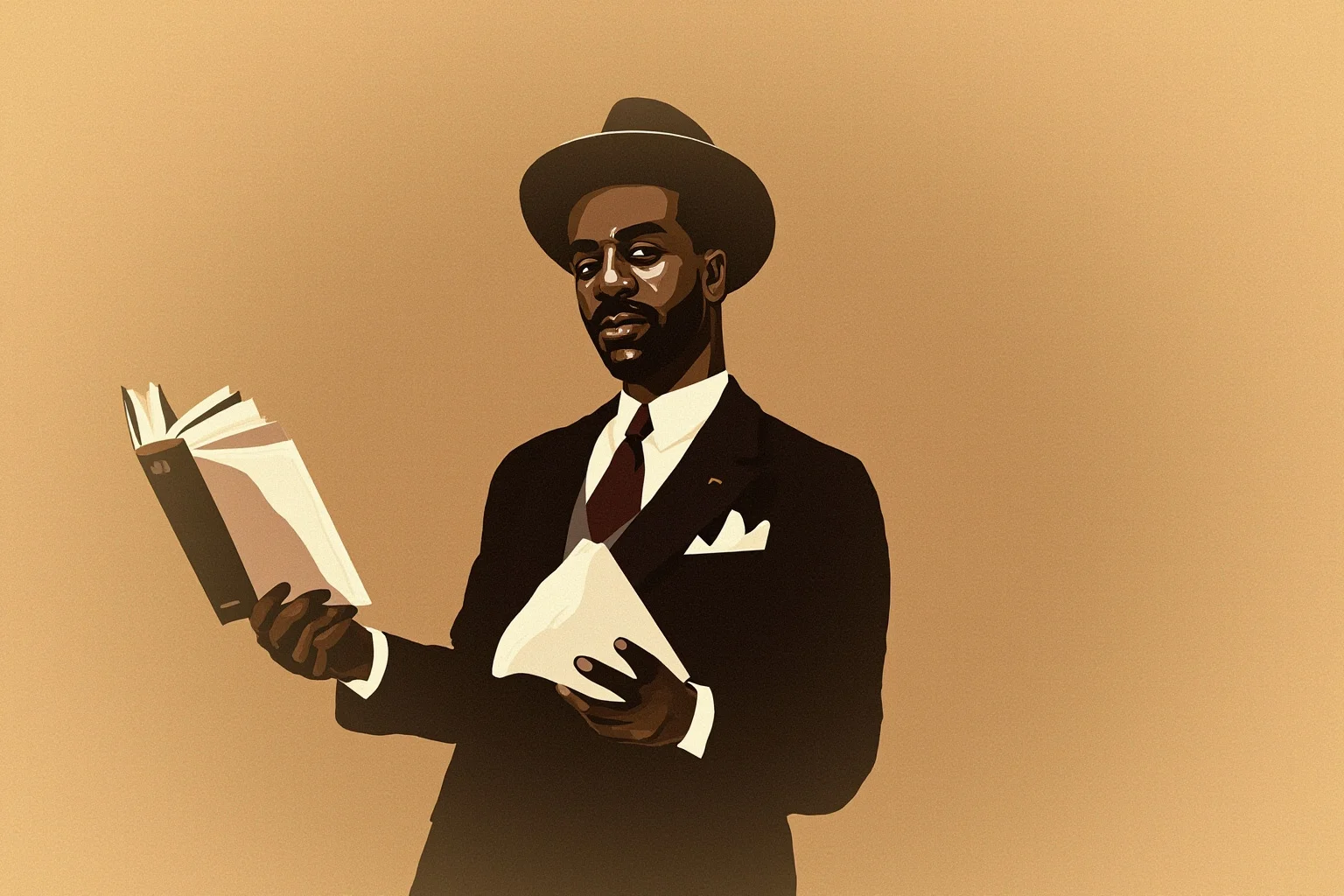 Illustrated portrait of a distinguished 1920s Black male scholar in a suit, holding an open anthology book, in a warm sepia-toned painterly style
