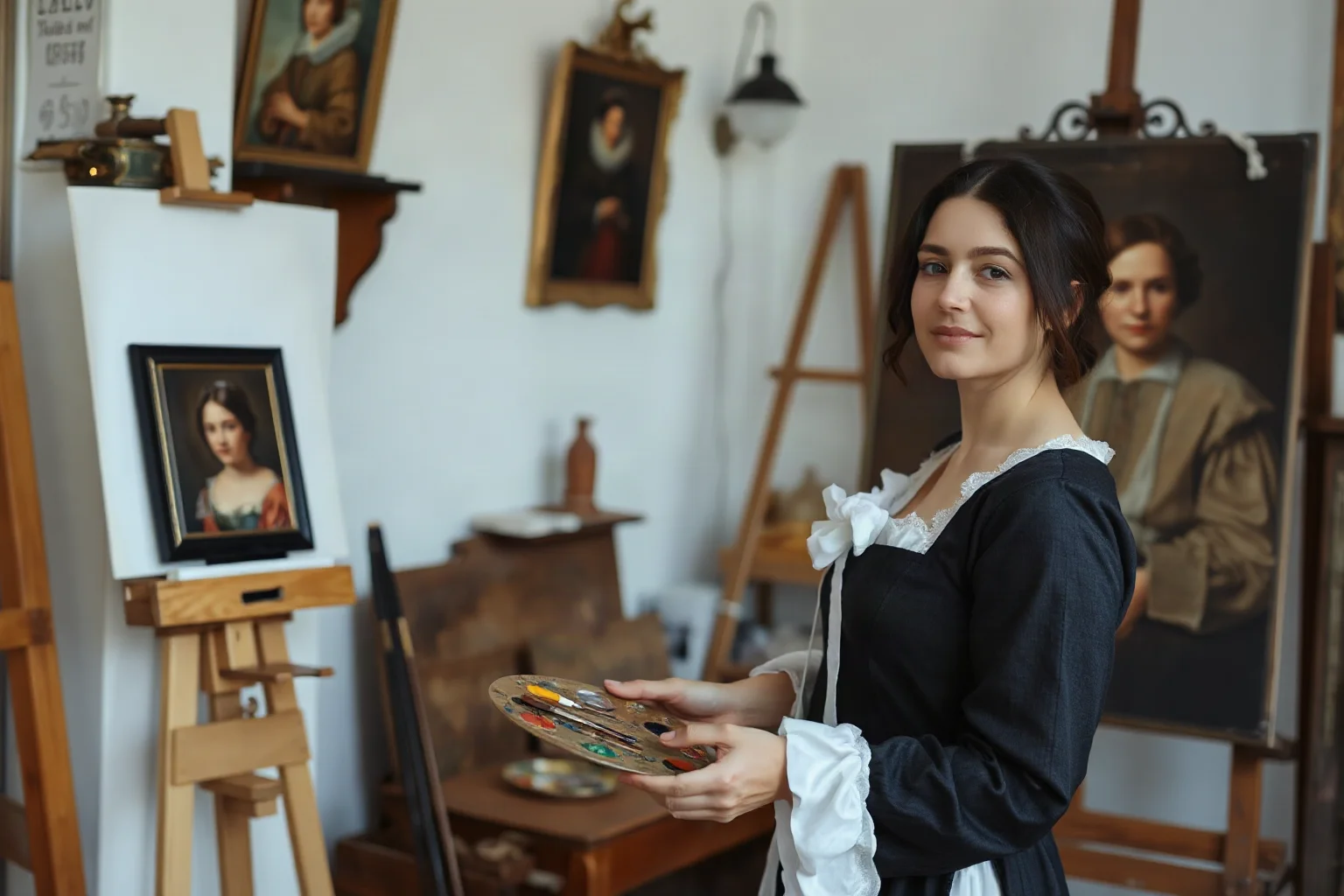 A Renaissance woman painter in a studio, holding a brush and palette, standing before an easel with a portrait in progress, wearing period clothing