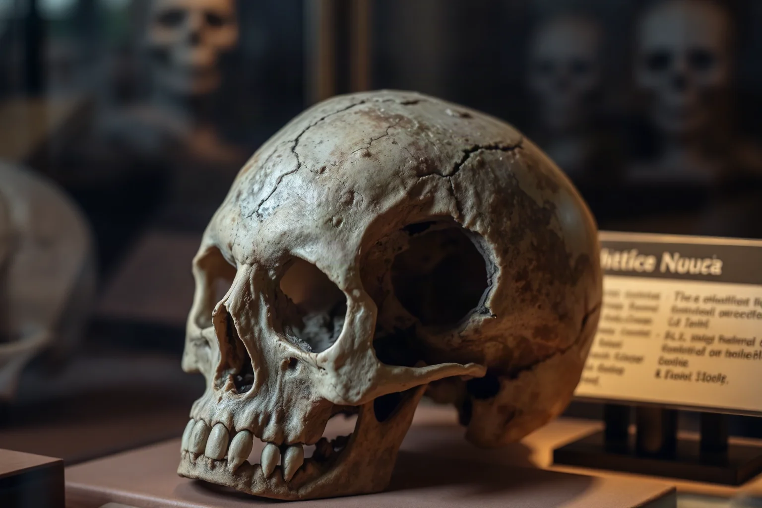 A weathered ancient human skull displayed in a museum case, showing a smoothly healed circular hole from prehistoric trepanation surgery, soft archival lighting