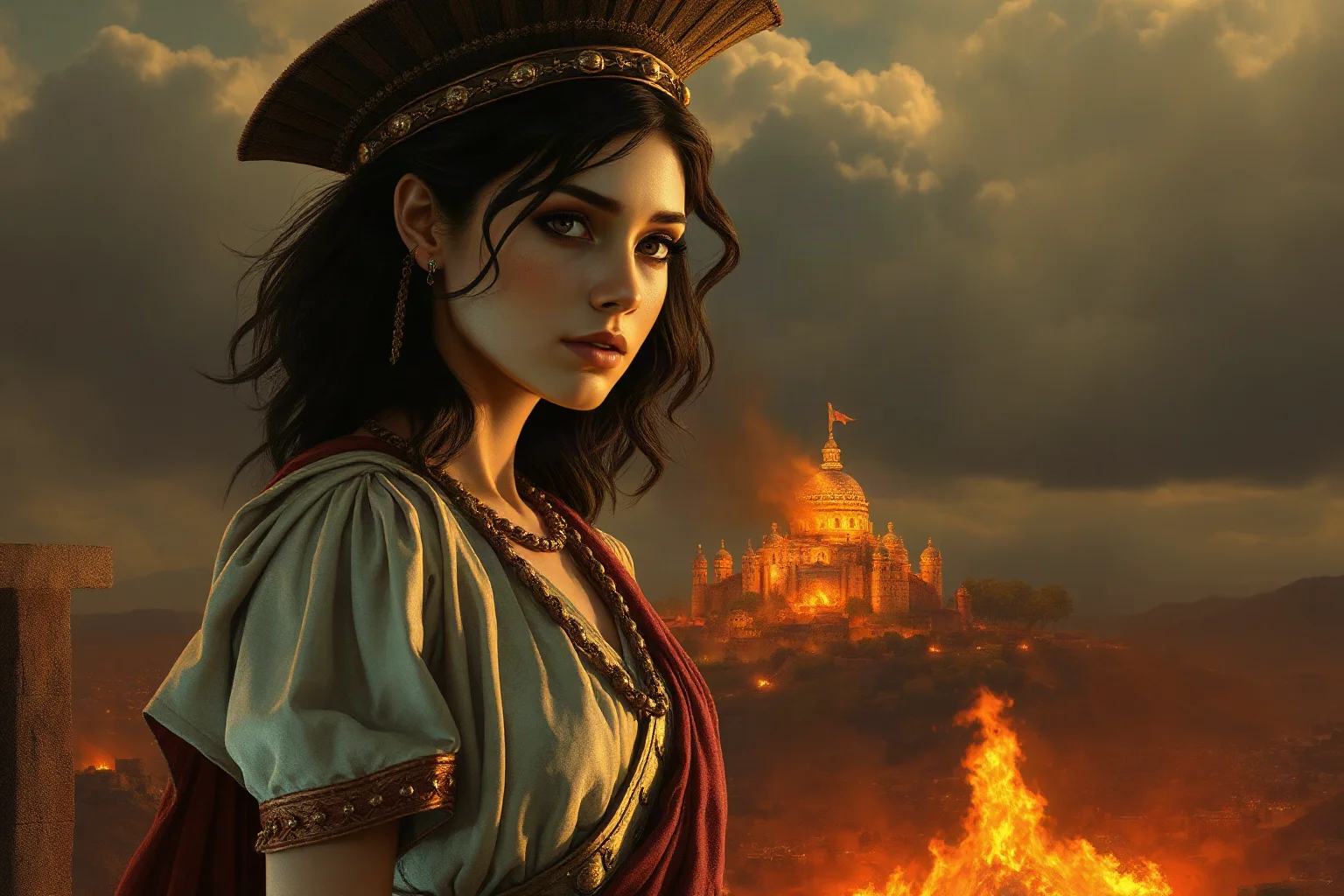 Trojan princess with a haunted expression standing before a burning distant city, mythological illustration