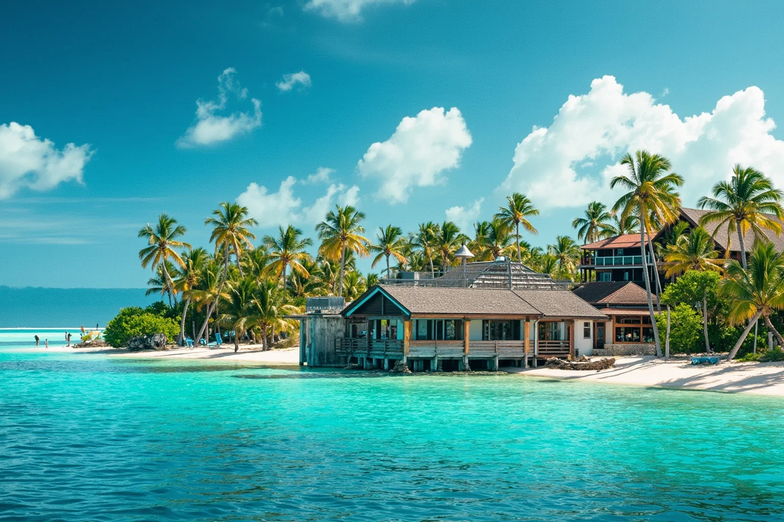 Tropical offshore bank building on a Caribbean island with palm trees, bright sunny scene