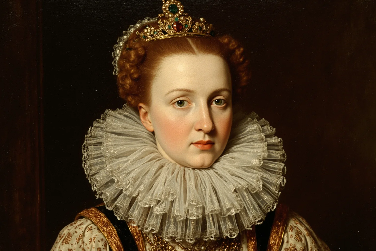 From Cleopatra to George Washington: 21 Most Famous Redheads in History 5 Tudor-era English queen in elaborate ruffled collar and jeweled crown, formal royal portrait style painting