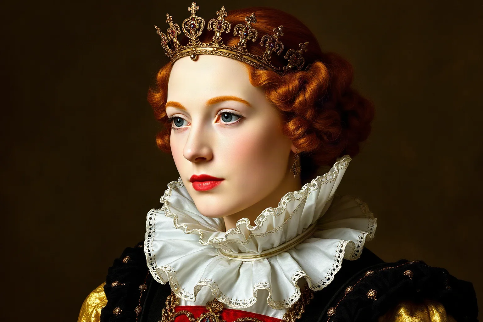 Tudor era English queen with elaborate ruffled collar and crown, red hair, royal portrait style