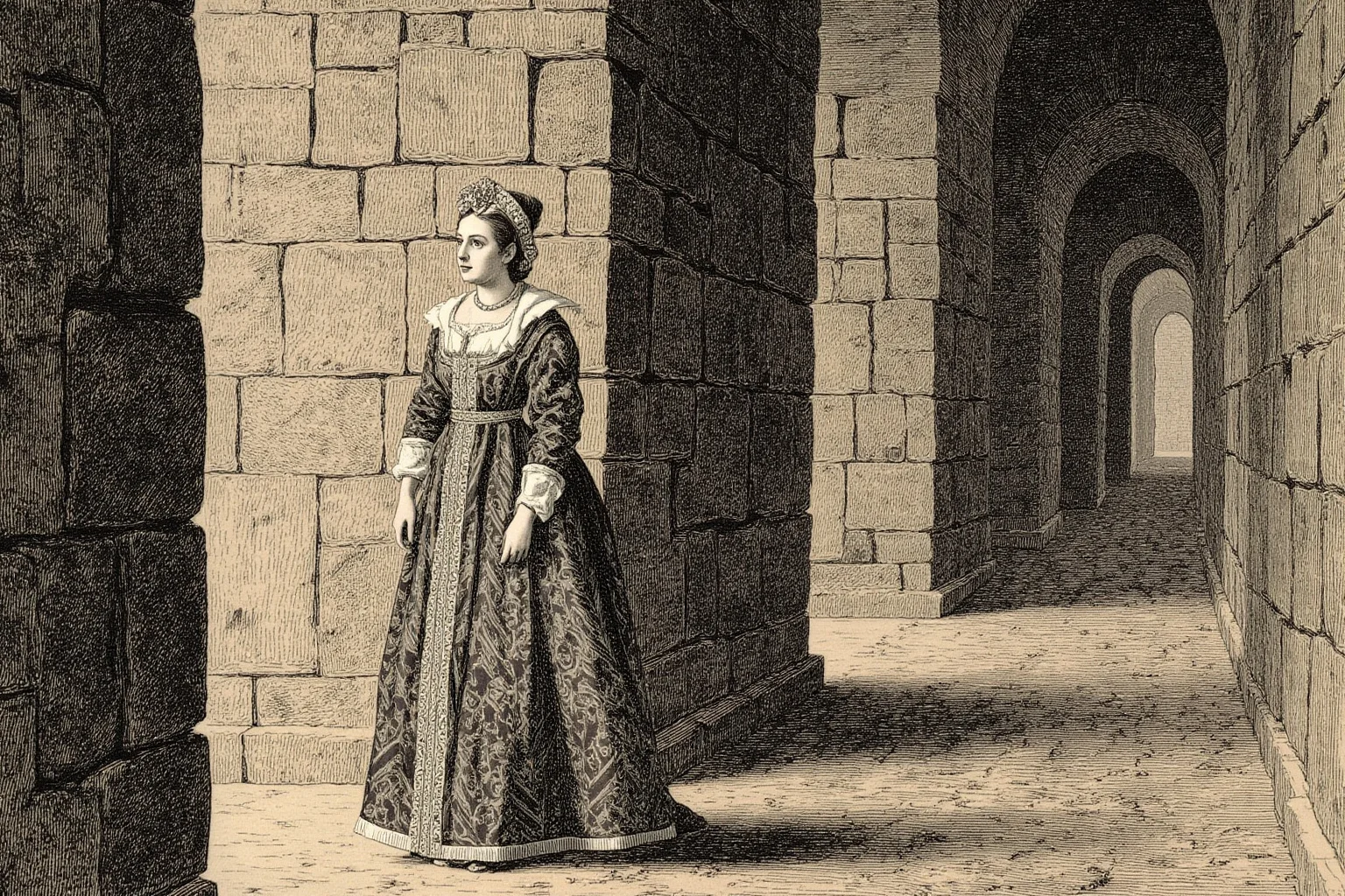 Historical Villains Who Were Actually Heroes 12 Tudor-era illustration of a noblewoman in an ornate gown standing solemnly in a stone castle corridor