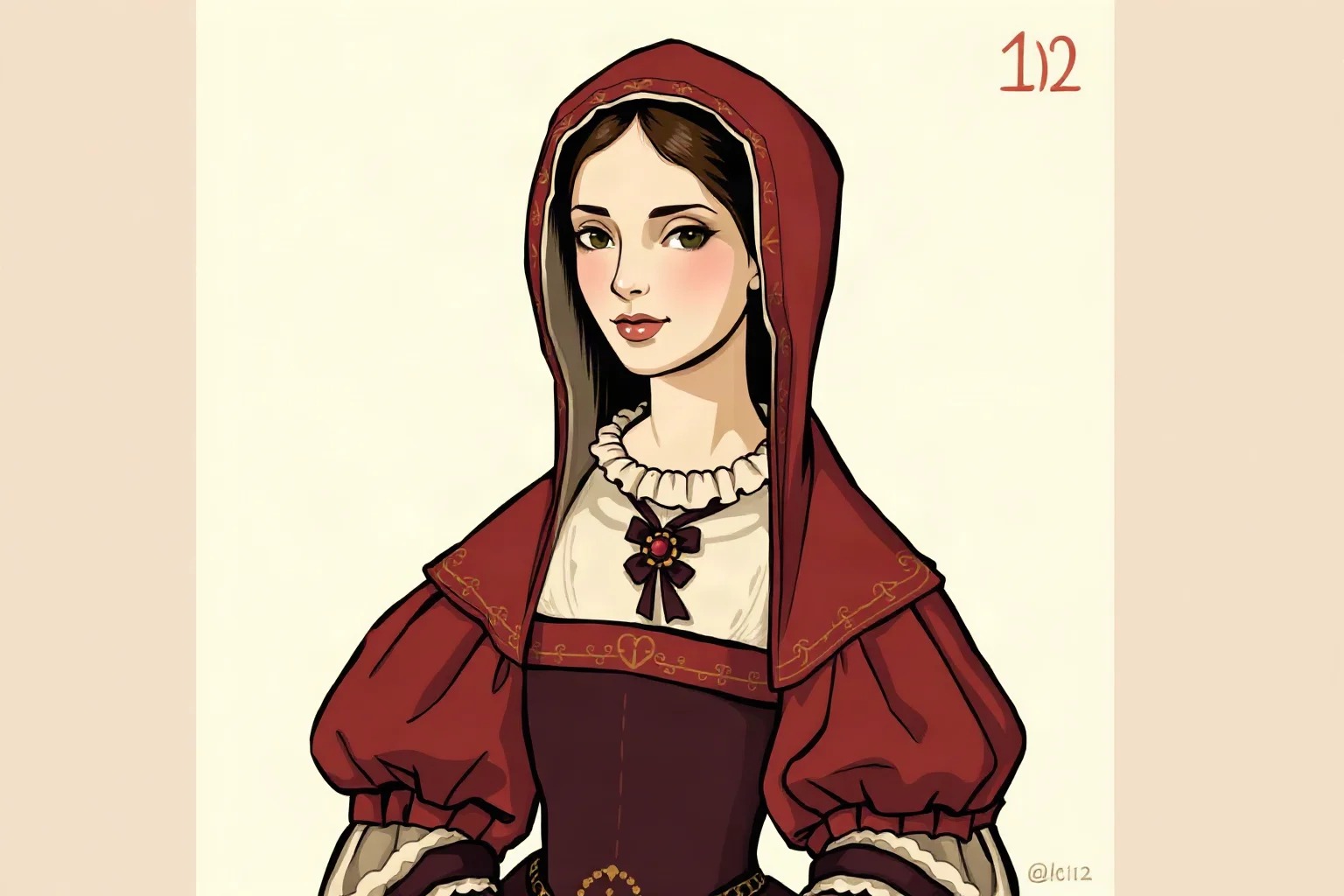 Tudor-era portrait style illustration of an English noblewoman in an ornate gown and gable hood headdress