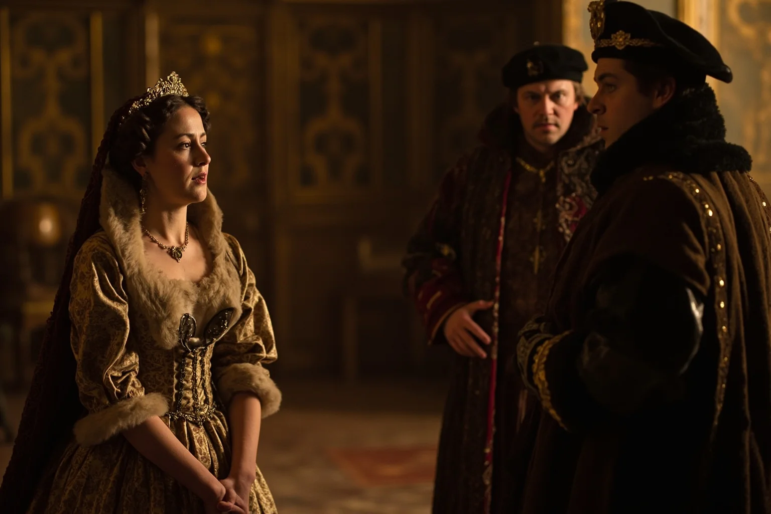 20 of History's Most Infamous 'Ugly' Figures — Myth vs. Reality 8 Tudor-era princess in elaborate 16th century dress meeting Henry VIII, awkward tension in the scene, ornate palace interior