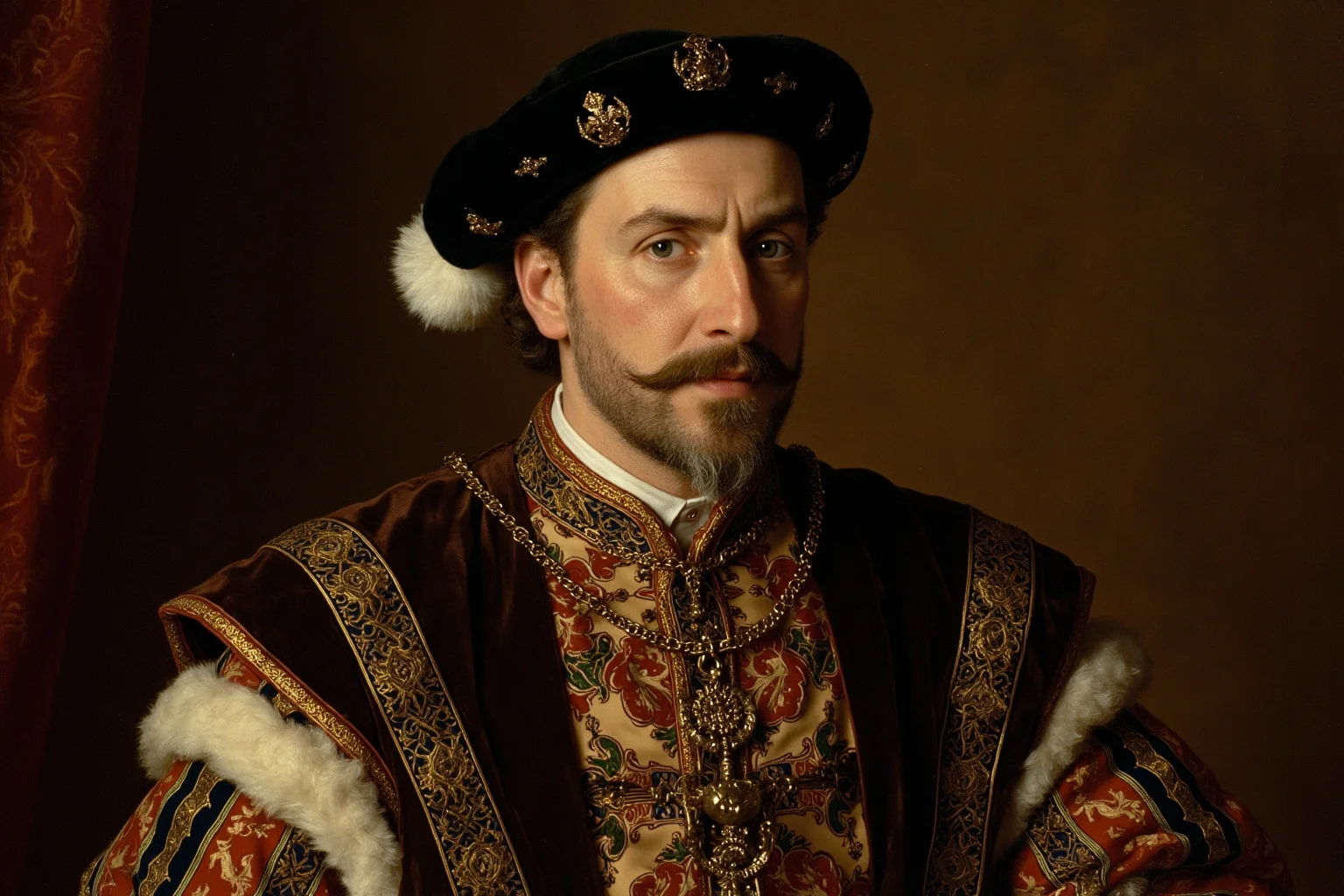 From Cleopatra to George Washington: 21 Most Famous Redheads in History 6 Tudor king in ornate velvet robes and gold chain, formal Renaissance royal portrait style painting