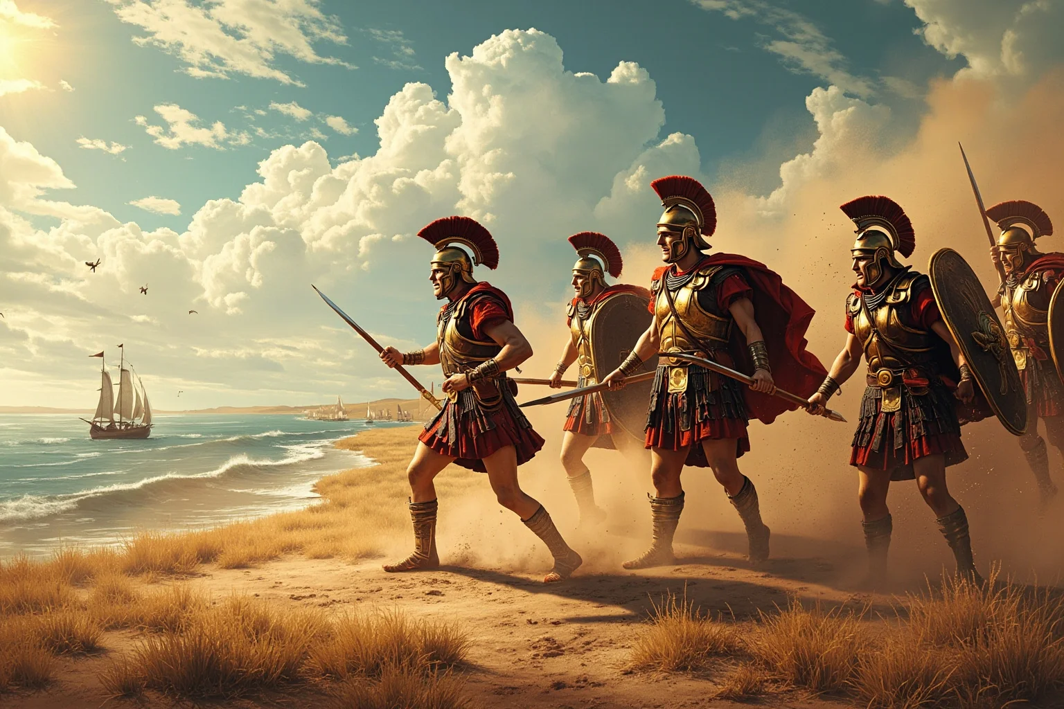 Ancient Greek hoplite soldiers in bronze armor clashing on a dusty plain near the sea, historical illustration style