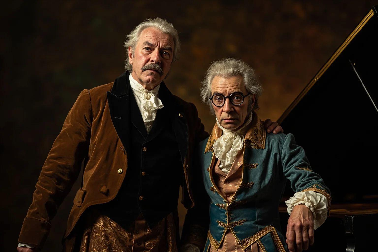 Two 18th-century composers in formal court dress standing near a piano, one appearing rivalrous