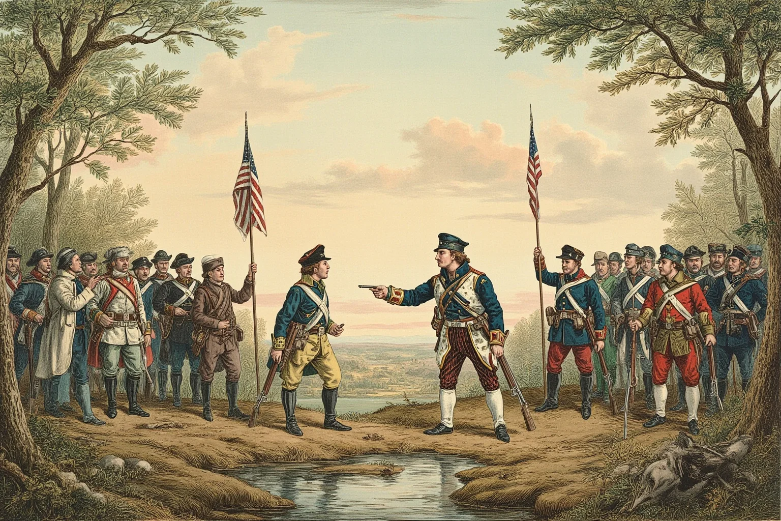 22 Lesser-Known Historical Events That No One Talks About 23 Two 19th-century American militia groups facing each other peacefully across a wooded border area, illustrated style