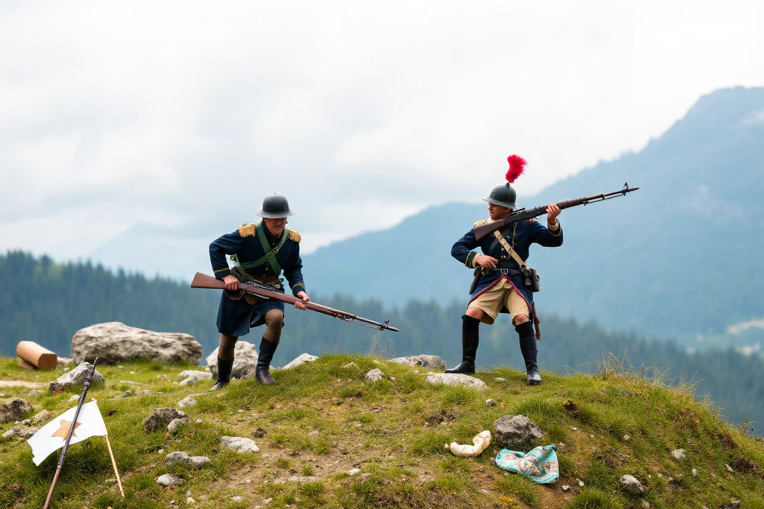 Two 19th-century Balkan infantry regiments in short, sharp confrontation on a hillside