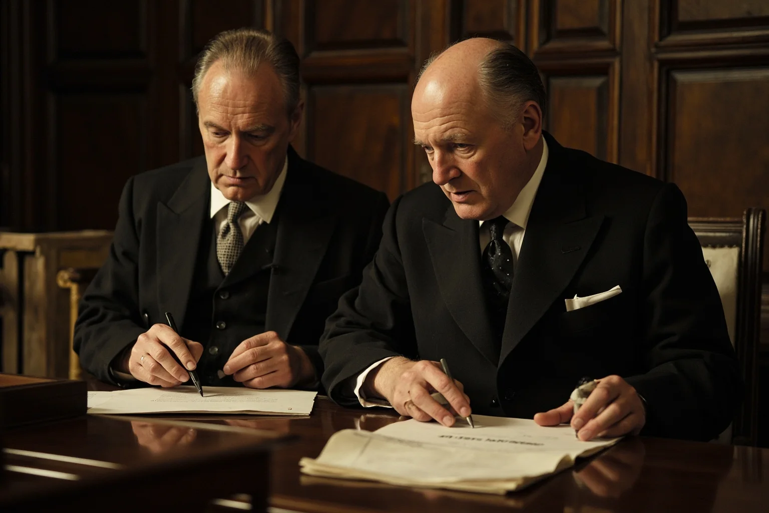 Two 19th-century diplomats reviewing documents at a formal wooden desk, tense negotiation atmosphere