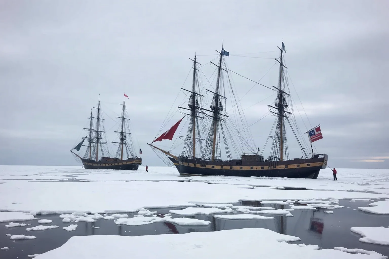 Two 19th-century wooden sailing ships trapped in Arctic pack ice under a bleak grey sky
