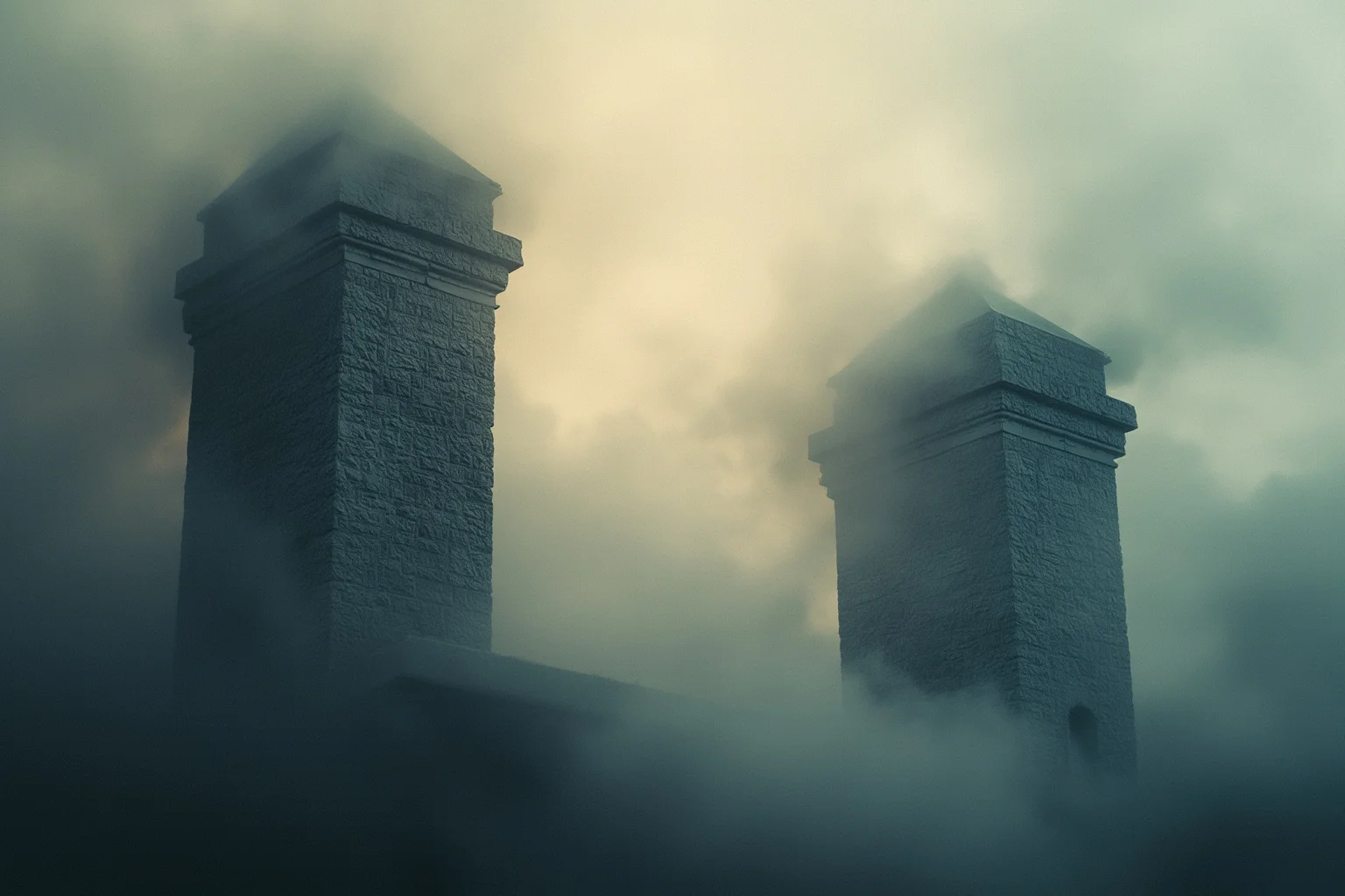 26 Facts About Nostradamus and His Predictions 18 Two abstract tower-like stone structures with dramatic smoke clouds, symbolic and non-graphic