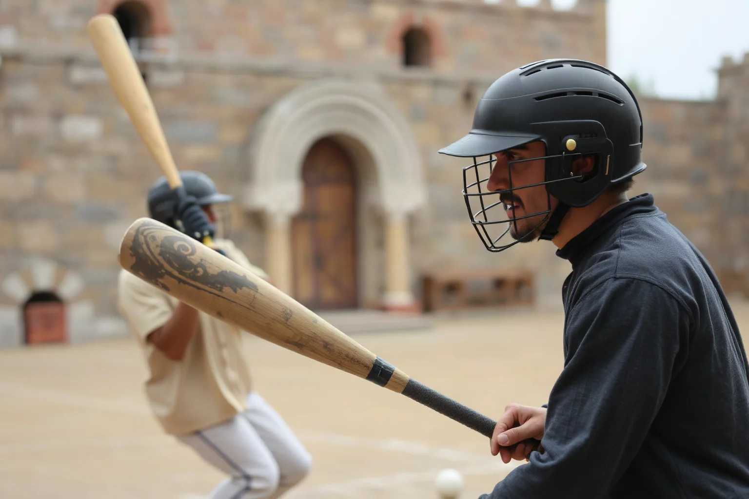 Two ancient ballplayers in protective gear on a stone masonry ball court