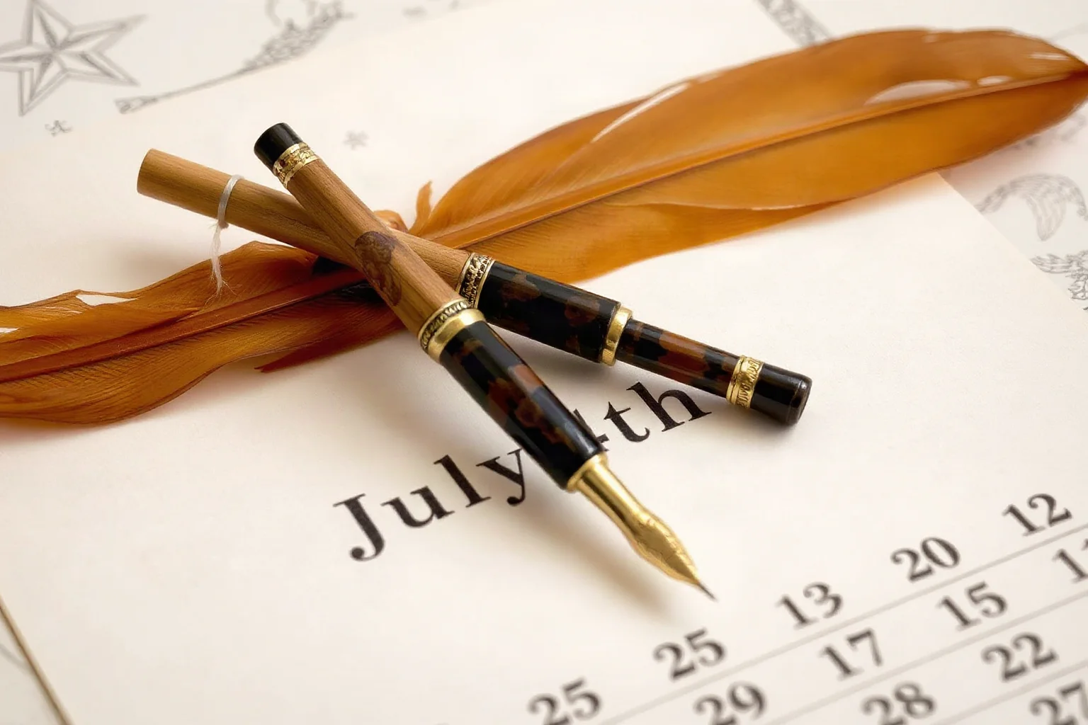 Two antique quill pens crossed over a calendar page marked July 4th, symbolic historical illustration