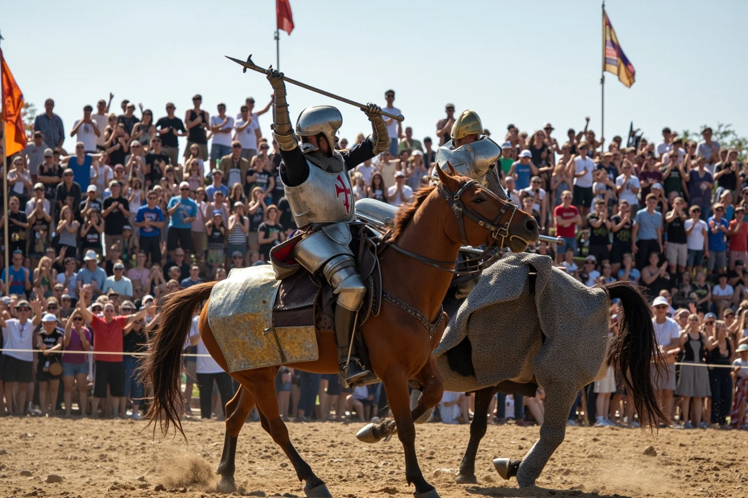 Two armored medieval knights jousting on horseback in front of a cheering crowd at a tournament