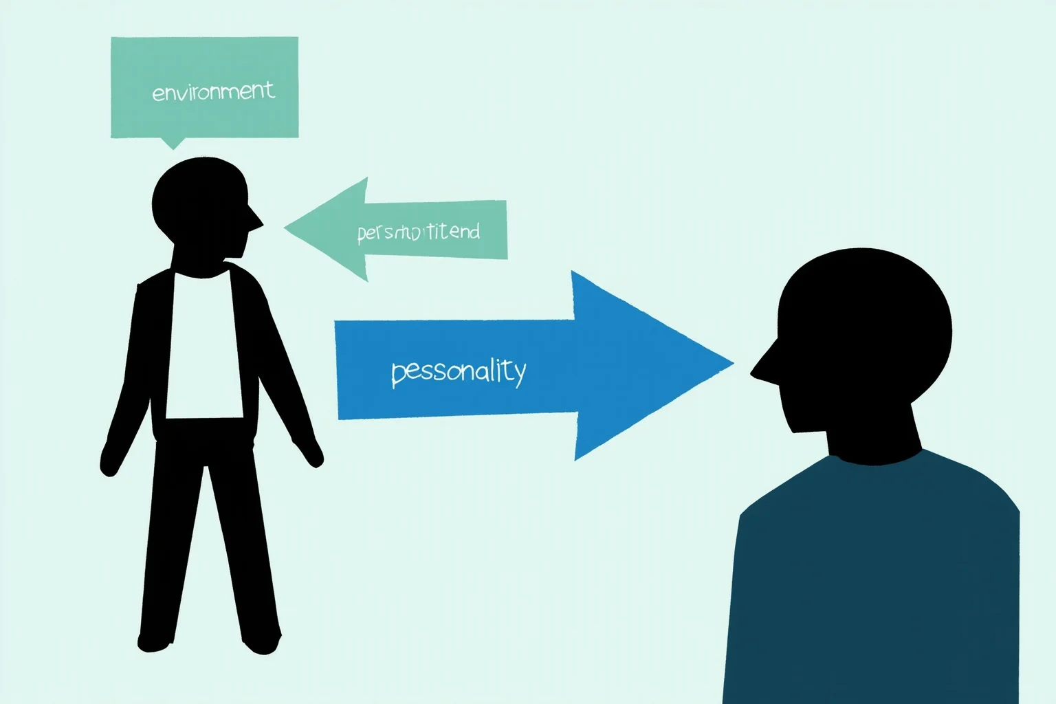 Two arrows pointing toward a human silhouette from 'environment' and 'personality' labels, symbolizing a situational versus dispositional study concept