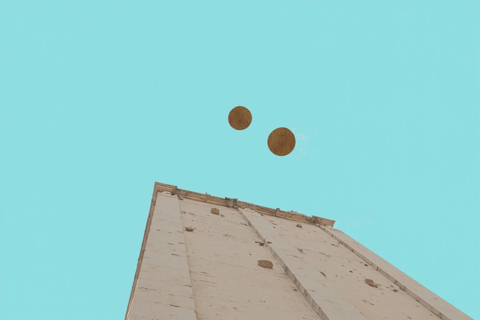 Two balls of different sizes falling side by side from a tall stone tower against a blue sky, illustrative