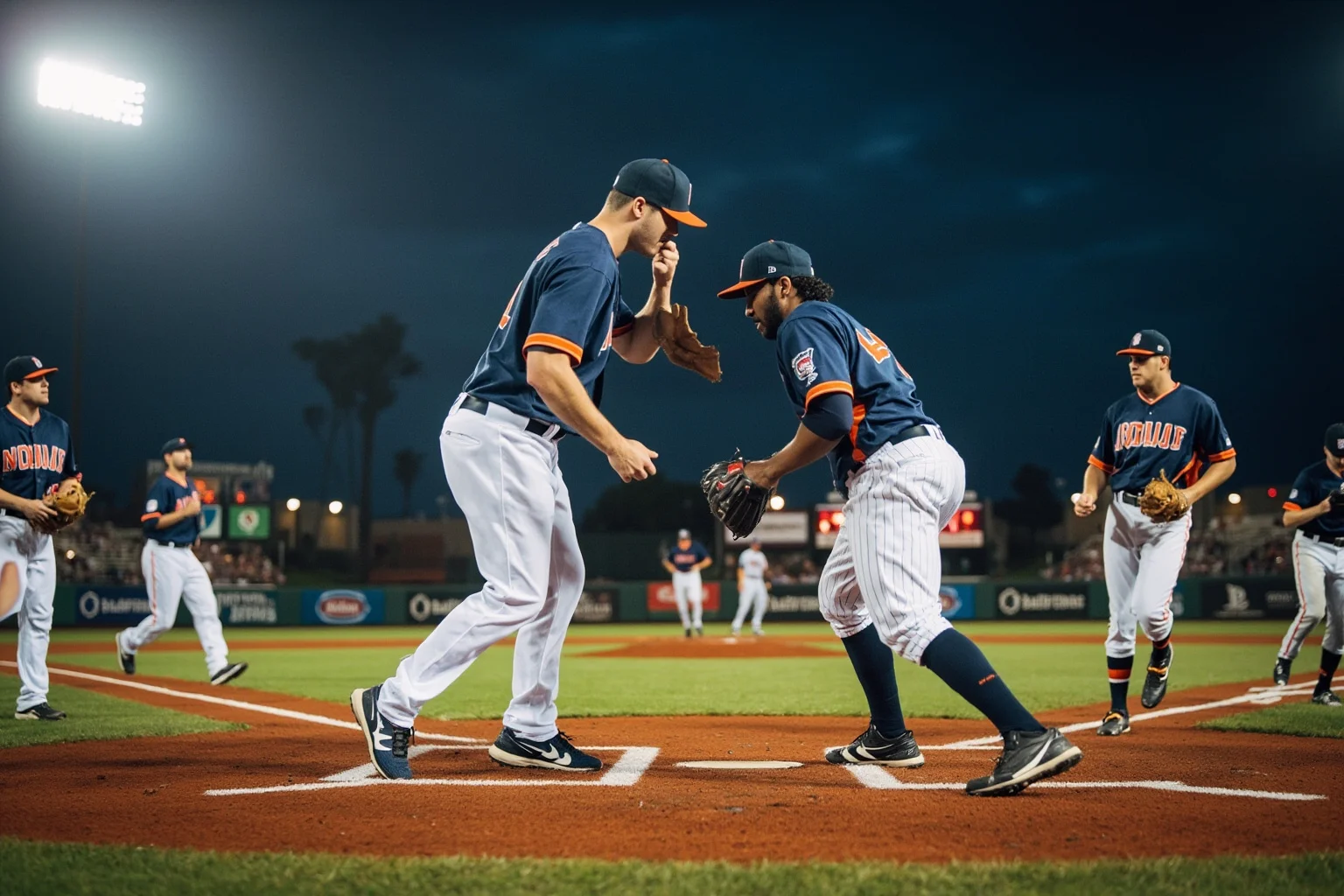 Biggest Brawls In Baseball History 19 Two baseball players in a heated face-off at home plate with teammates rushing in from both dugouts under stadium lights