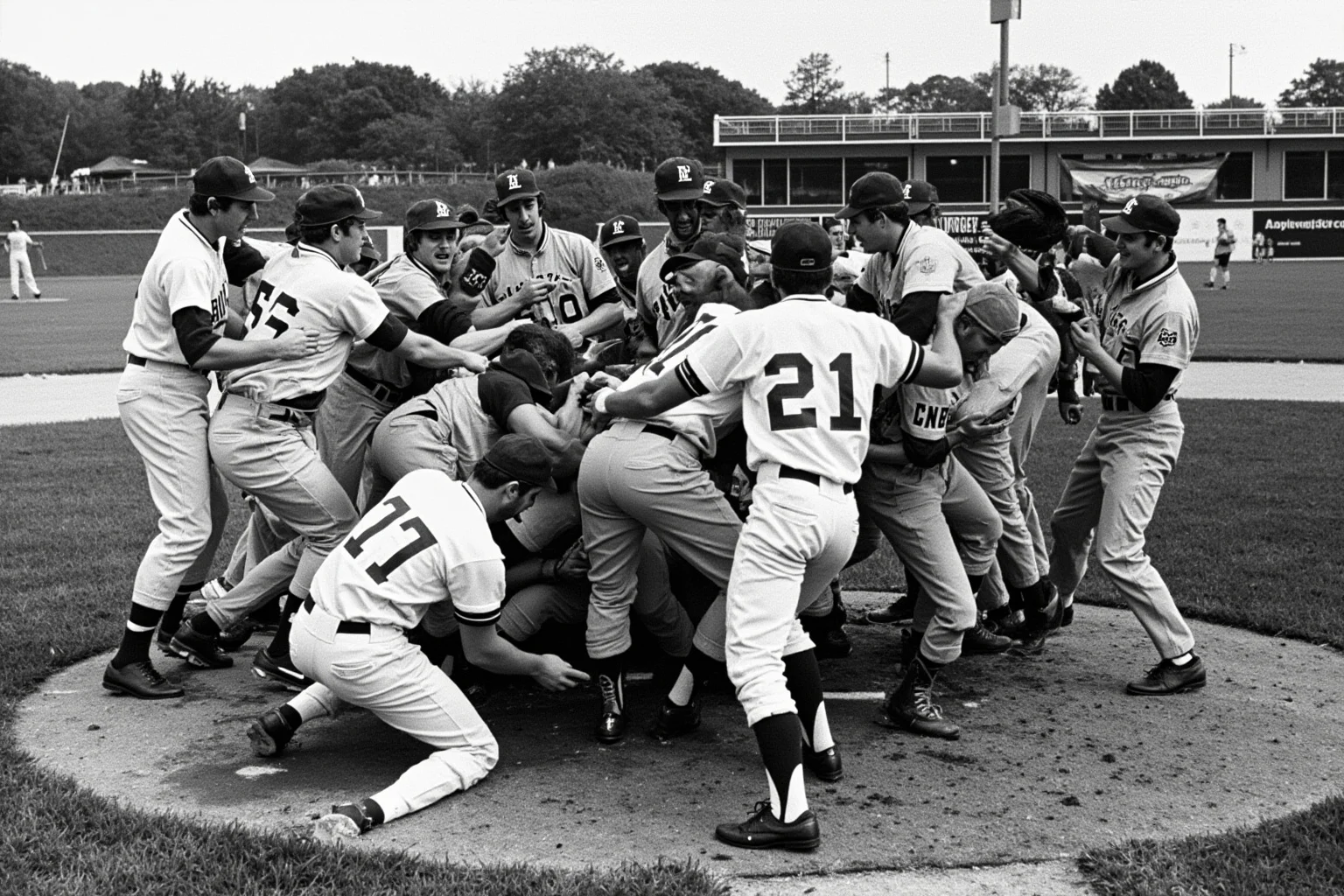 Biggest Brawls In Baseball History 9 Two baseball teams in 1980s uniforms in a massive brawl near the pitcher's mound with players and coaches pulling combatants apart