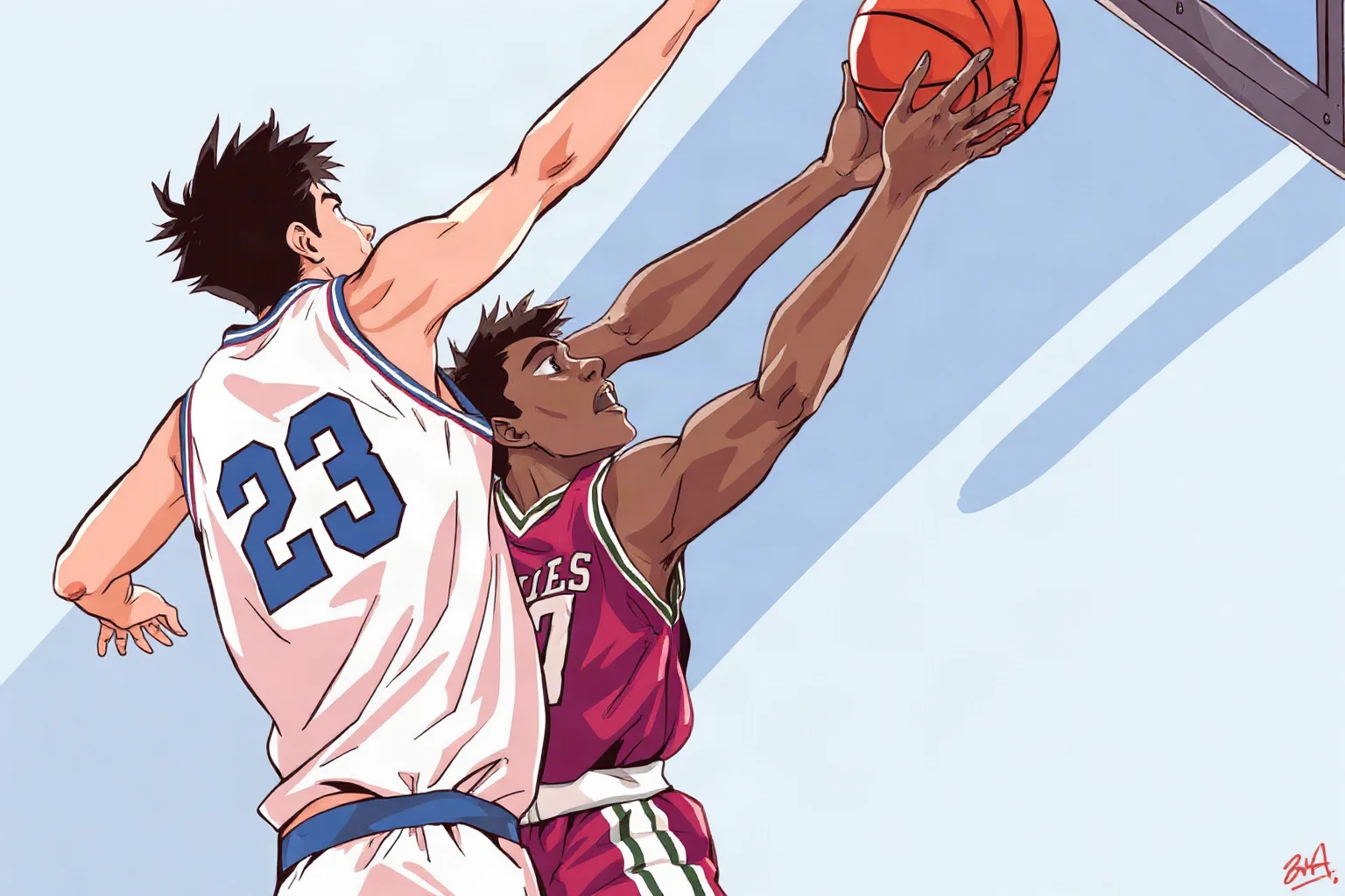 Two basketball players from opposing 1980s-style uniforms reaching for a rebound, dynamic illustration