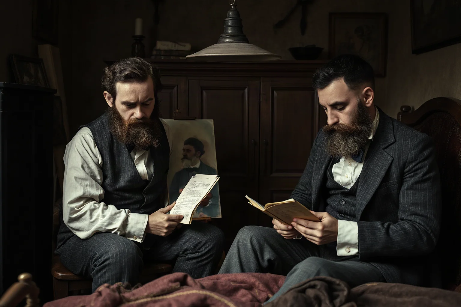 Two bearded men from the late 1800s in a small bedroom or studio, one painting while the other reads letters, with melancholic atmosphere