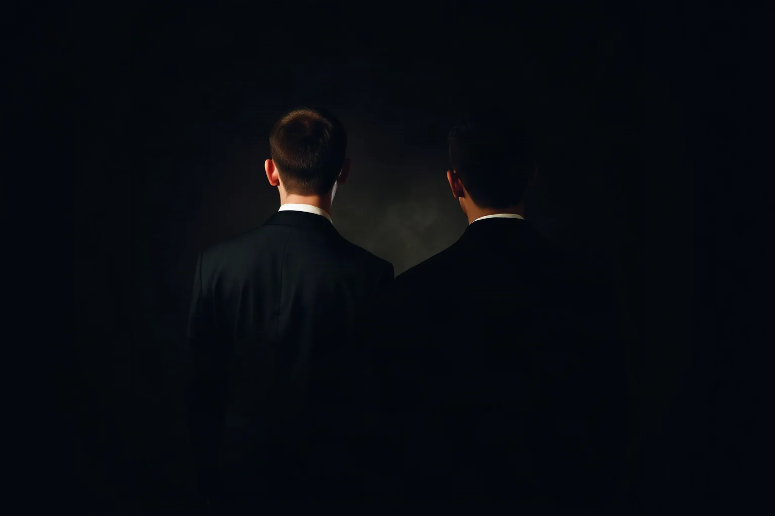 Two brothers facing away from each other, one in formal theatrical costume, the other in darkness, symbolizing their tragic split