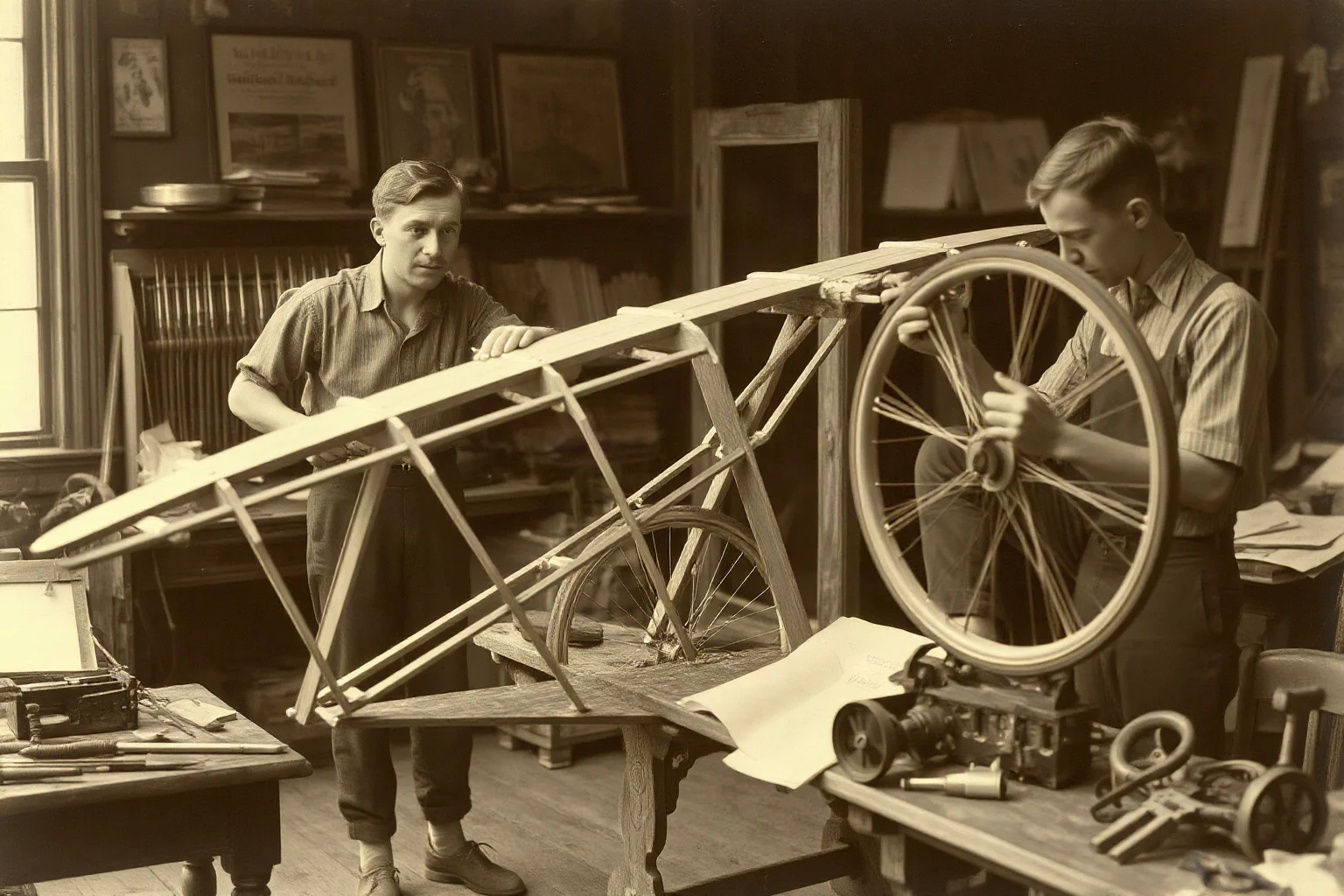 Two brothers in a bicycle shop examining a wooden aircraft frame, with tools and sketches scattered around, circa 1900s