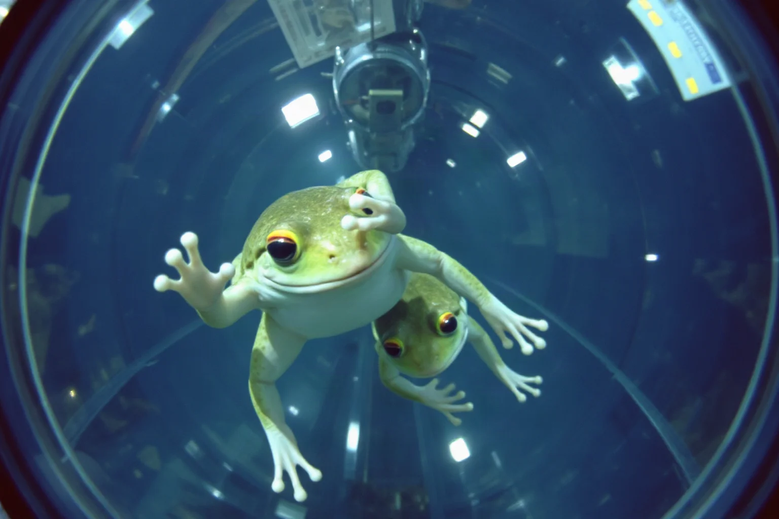 Two bullfrogs floating in a microgravity chamber during orbital flight, 1970