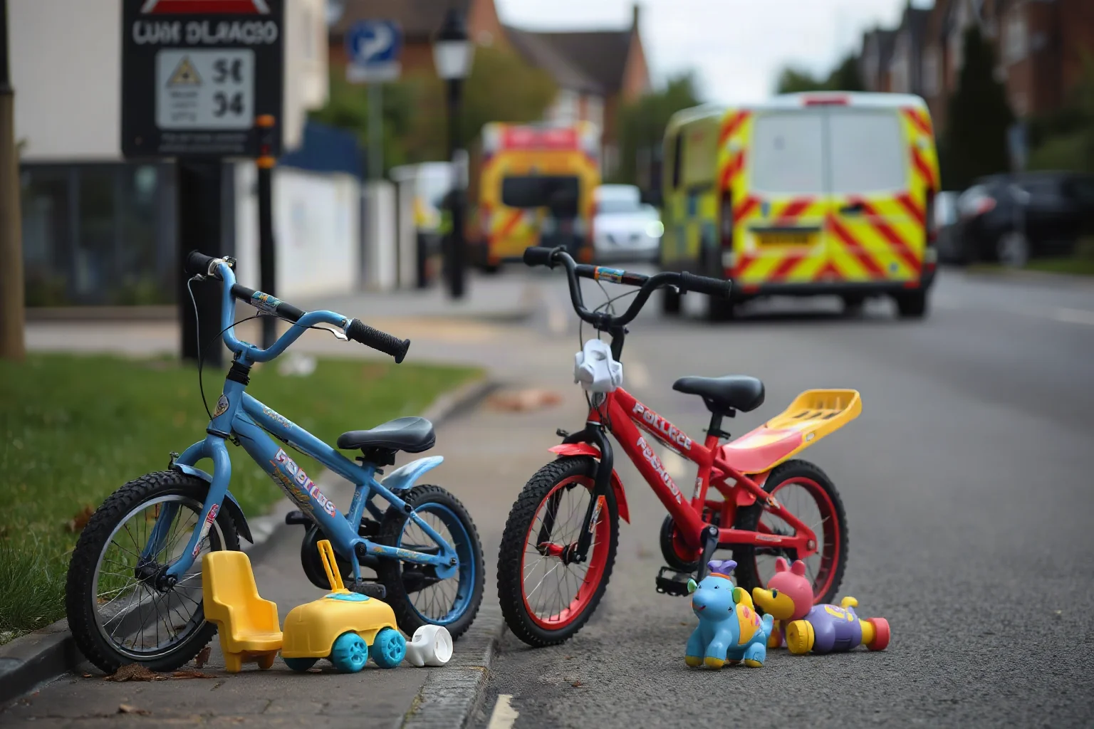 Two children's bicycles and toys abandoned on a British street after a bombing, with emergency responders in background