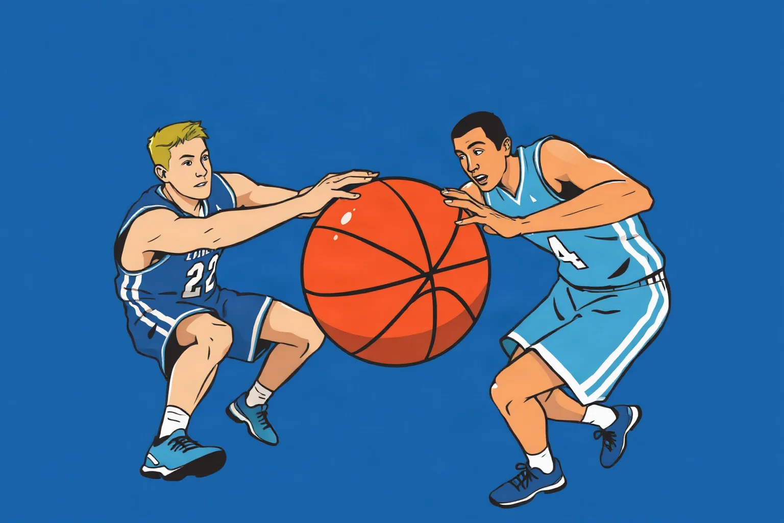 Two college basketball teams in blue and light-blue uniforms battling for a ball, illustrative, no logos