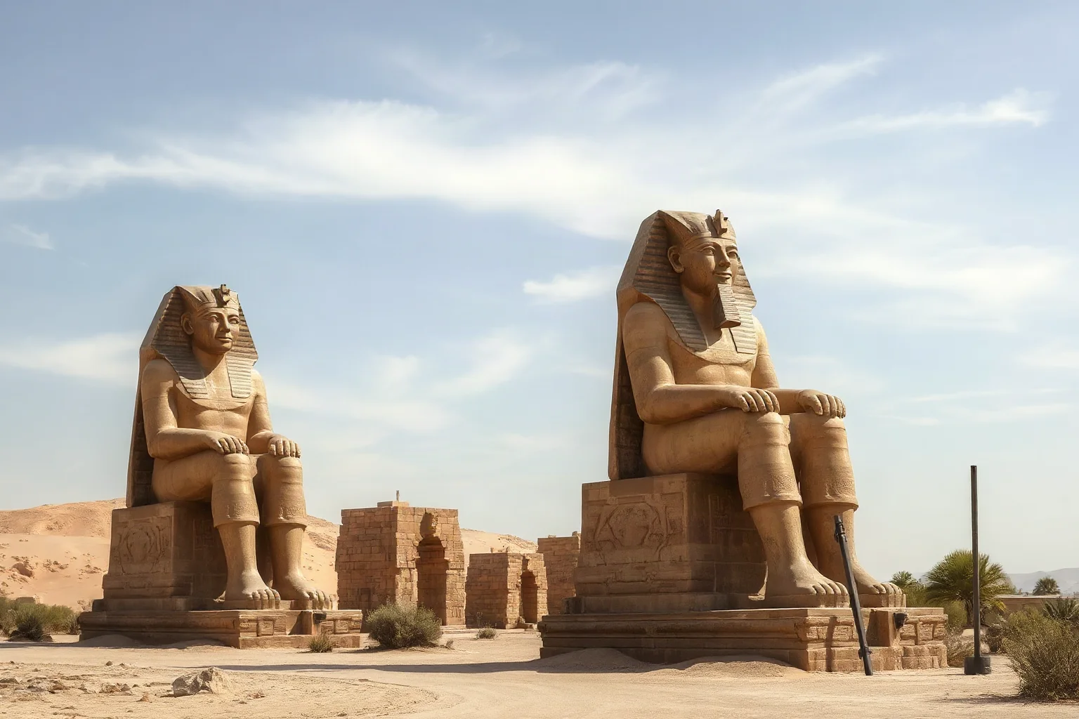 Two colossal weathered stone statues of a seated pharaoh figure standing in a desert landscape