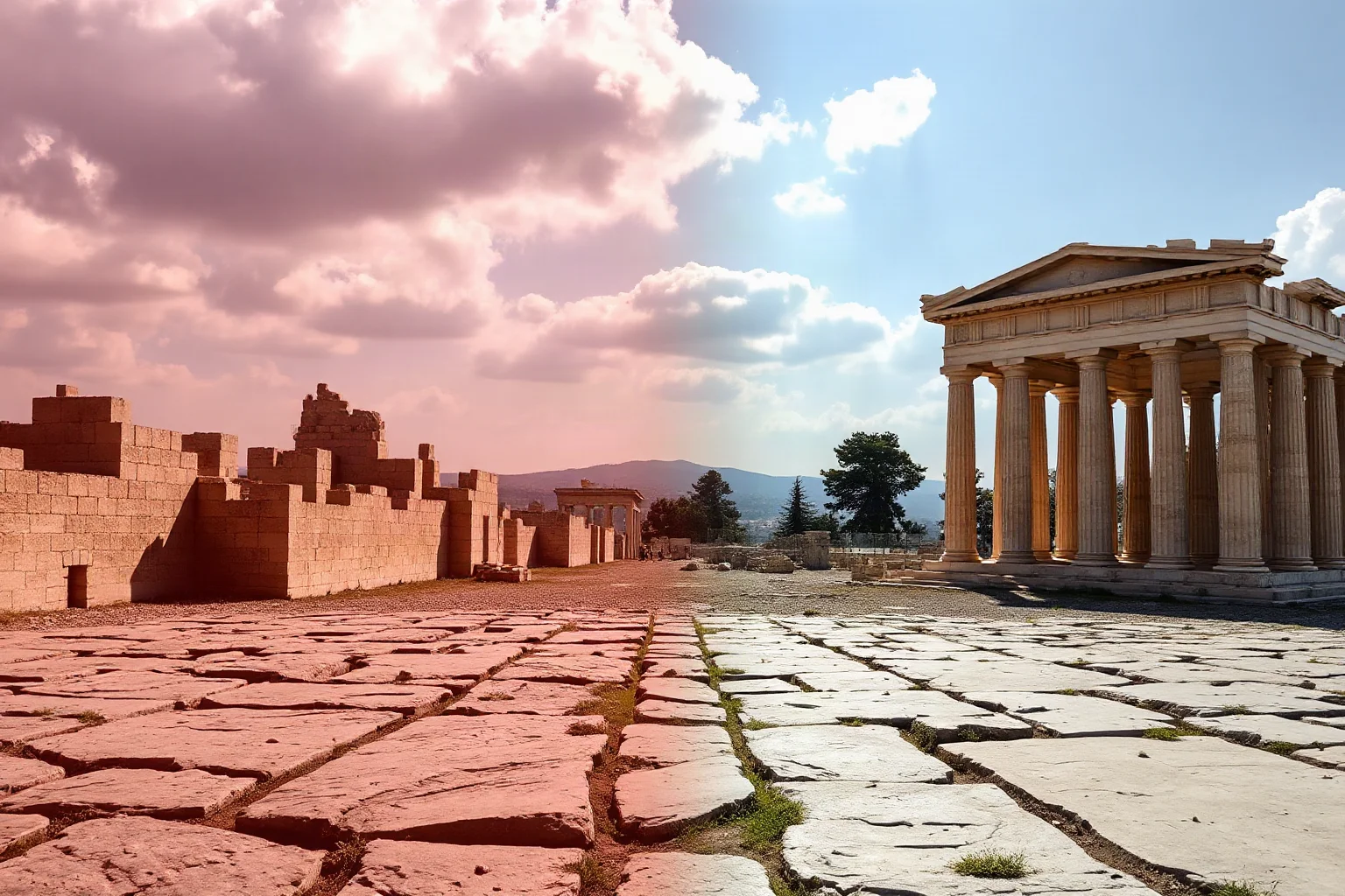 Two contrasting ancient Greek city skylines representing Sparta and Athens facing each other
