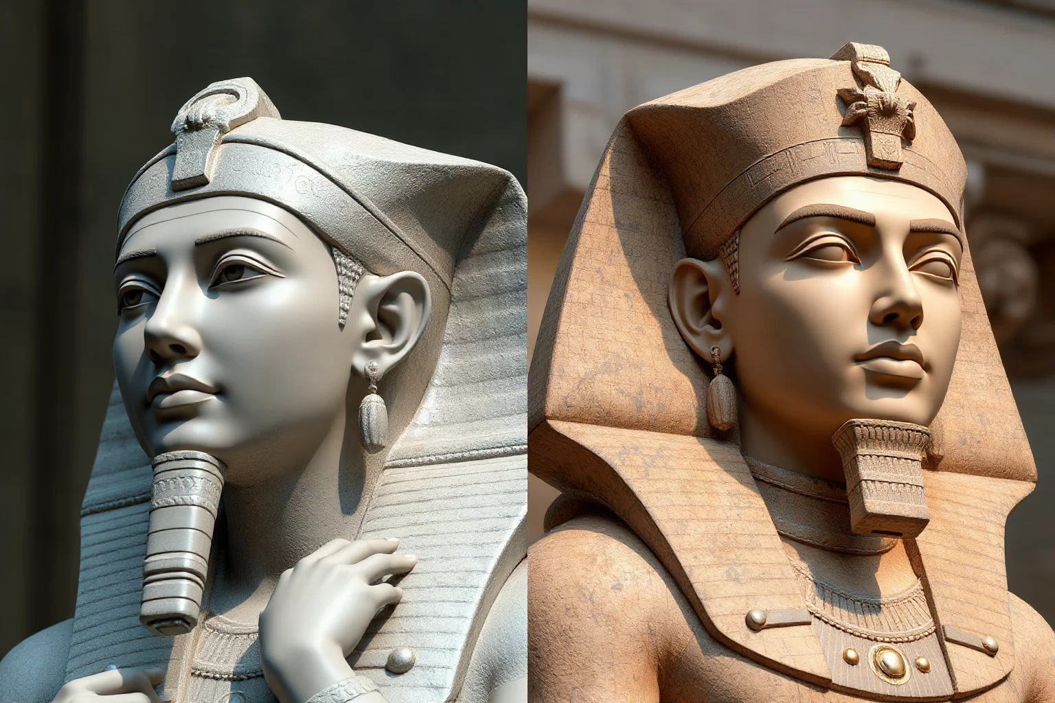 Two contrasting Egyptian statues, one feminine and one masculine in style, side by side