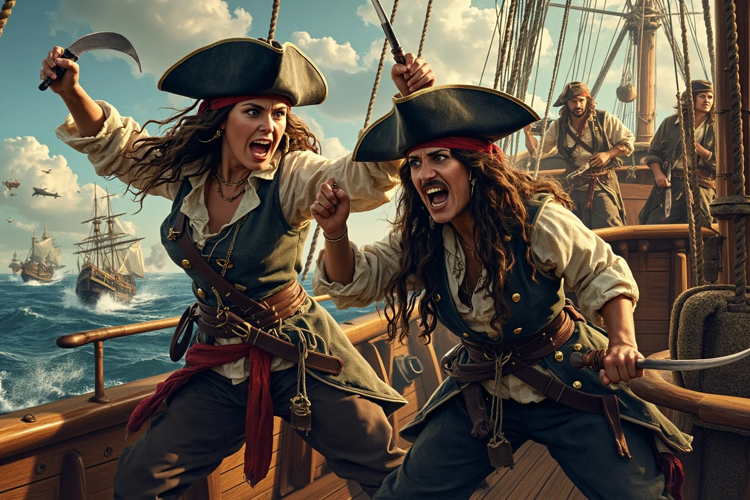 Two determined female pirates in period clothing fighting on a ship deck during a naval battle, illustrative style