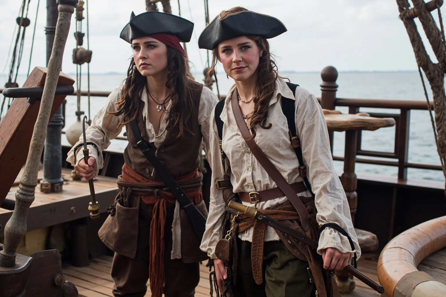 Two determined women in pirate-era clothing standing together on a ship deck with cutlasses