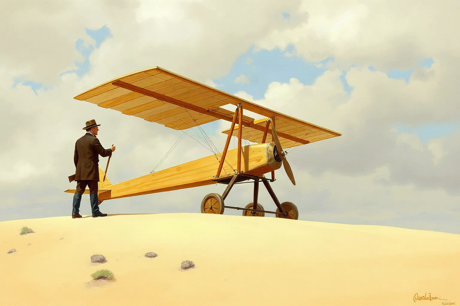 Two early 1900s inventors testing a wooden biplane glider on a windy sand dune, illustrated style