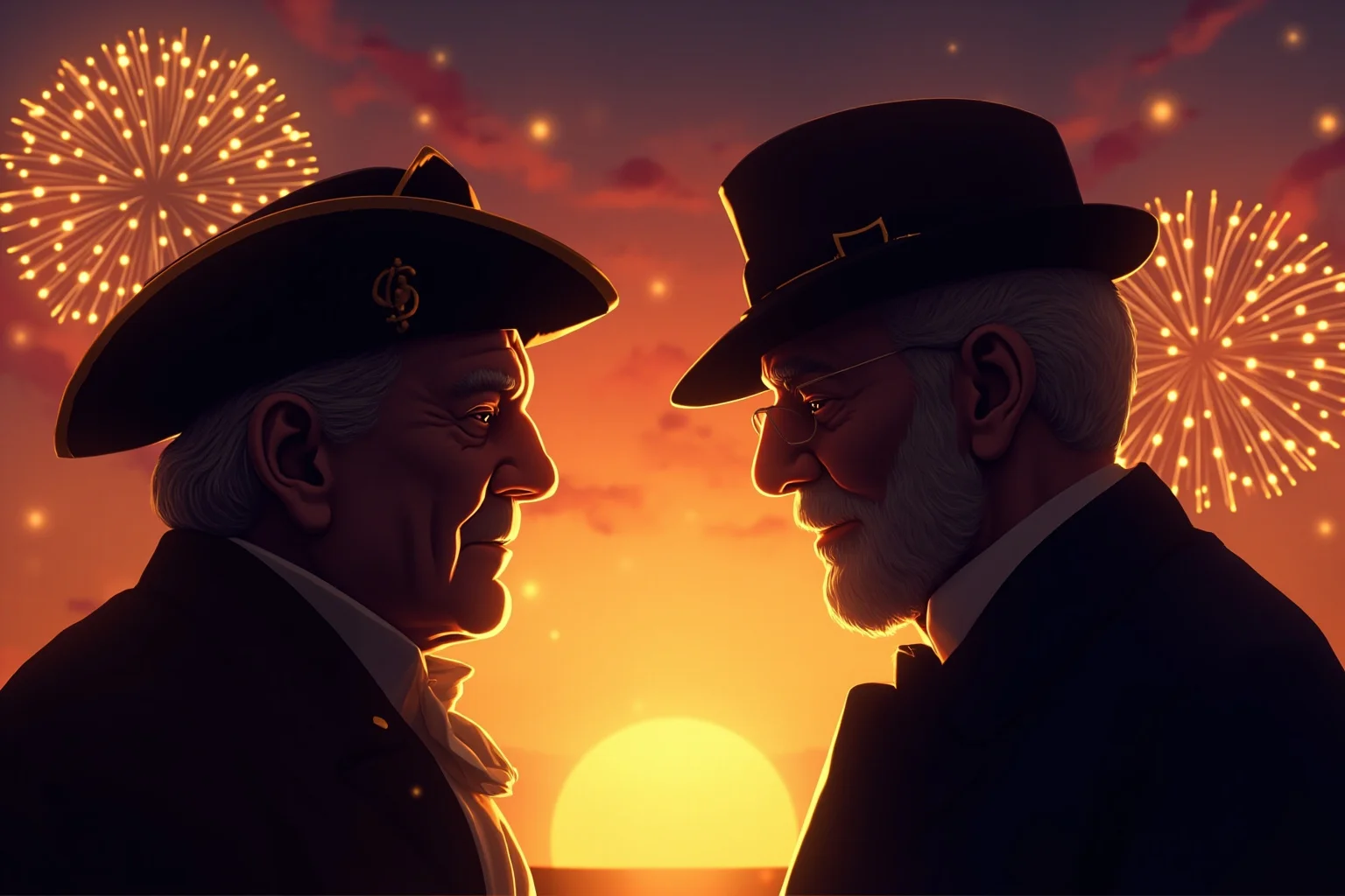 Two elderly 18th-century-style gentlemen in silhouette facing each other at sunset with a fireworks-lit sky representing Independence Day, warm illustration