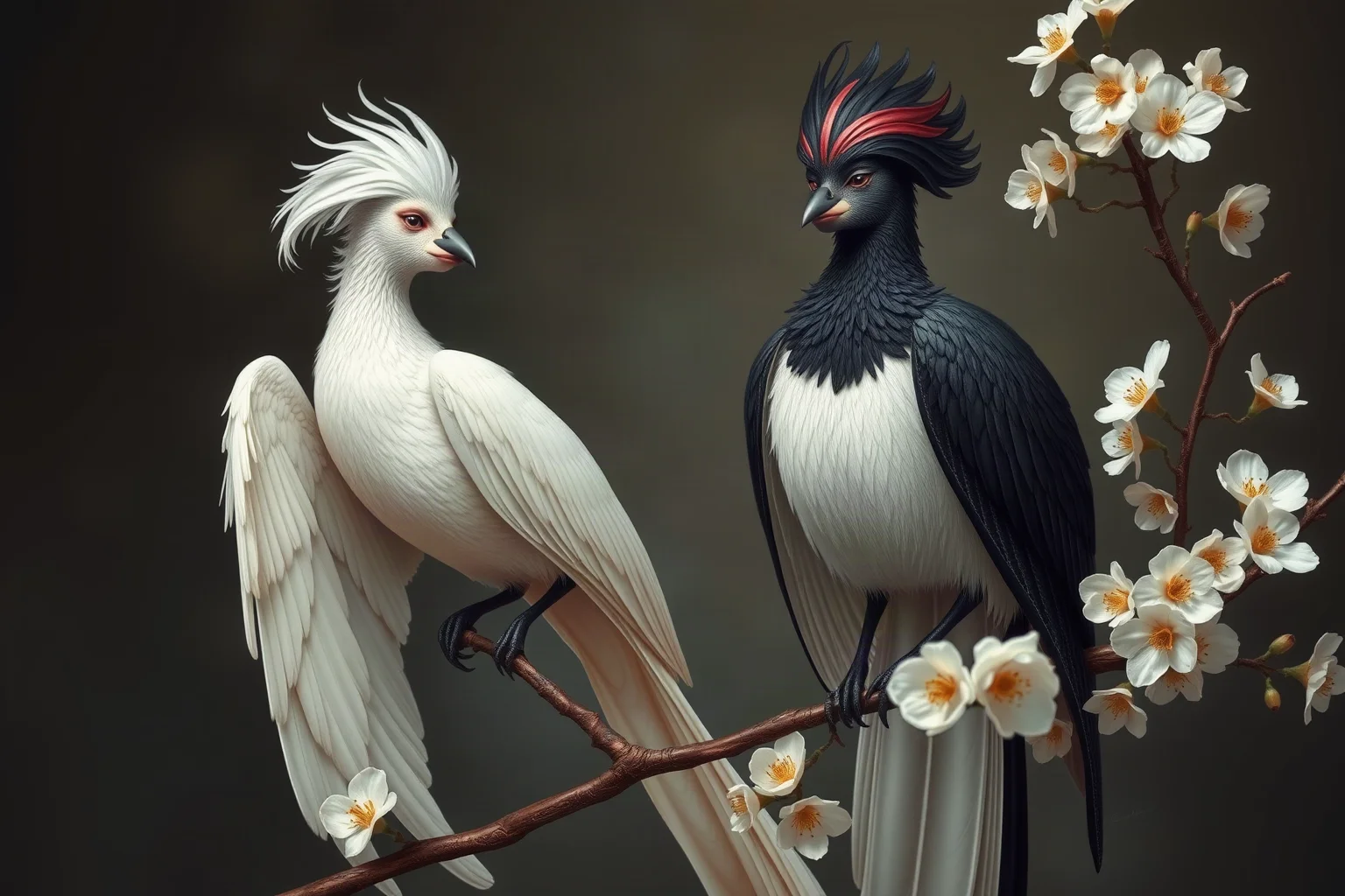 Two elegant bird-women with human faces, one light-feathered and one dark-feathered, perched on a blossoming branch