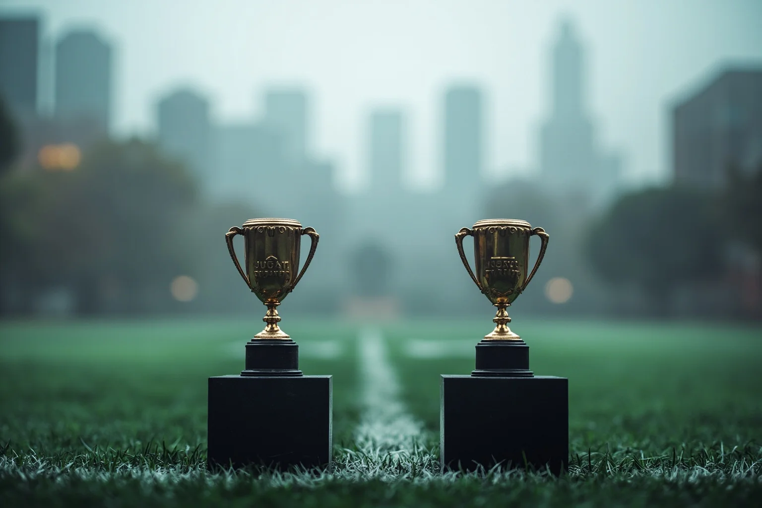 Longest Championship Droughts In Sport History 22 Two empty trophy pedestals in a foggy city park representing a football and hockey team, symbolic illustration