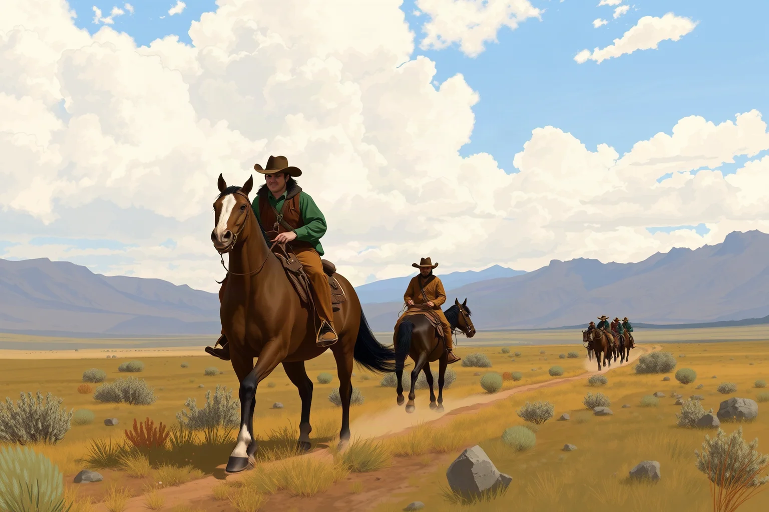 Two explorers and a small group with pack horses crossing a vast western American landscape, illustrated historical style