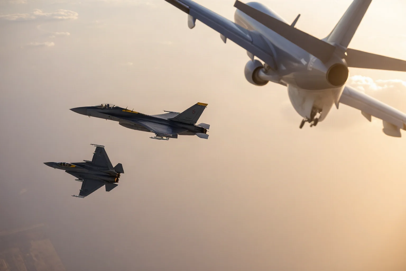 Two fighter jets flying in formation alongside a large commercial airliner mid-flight