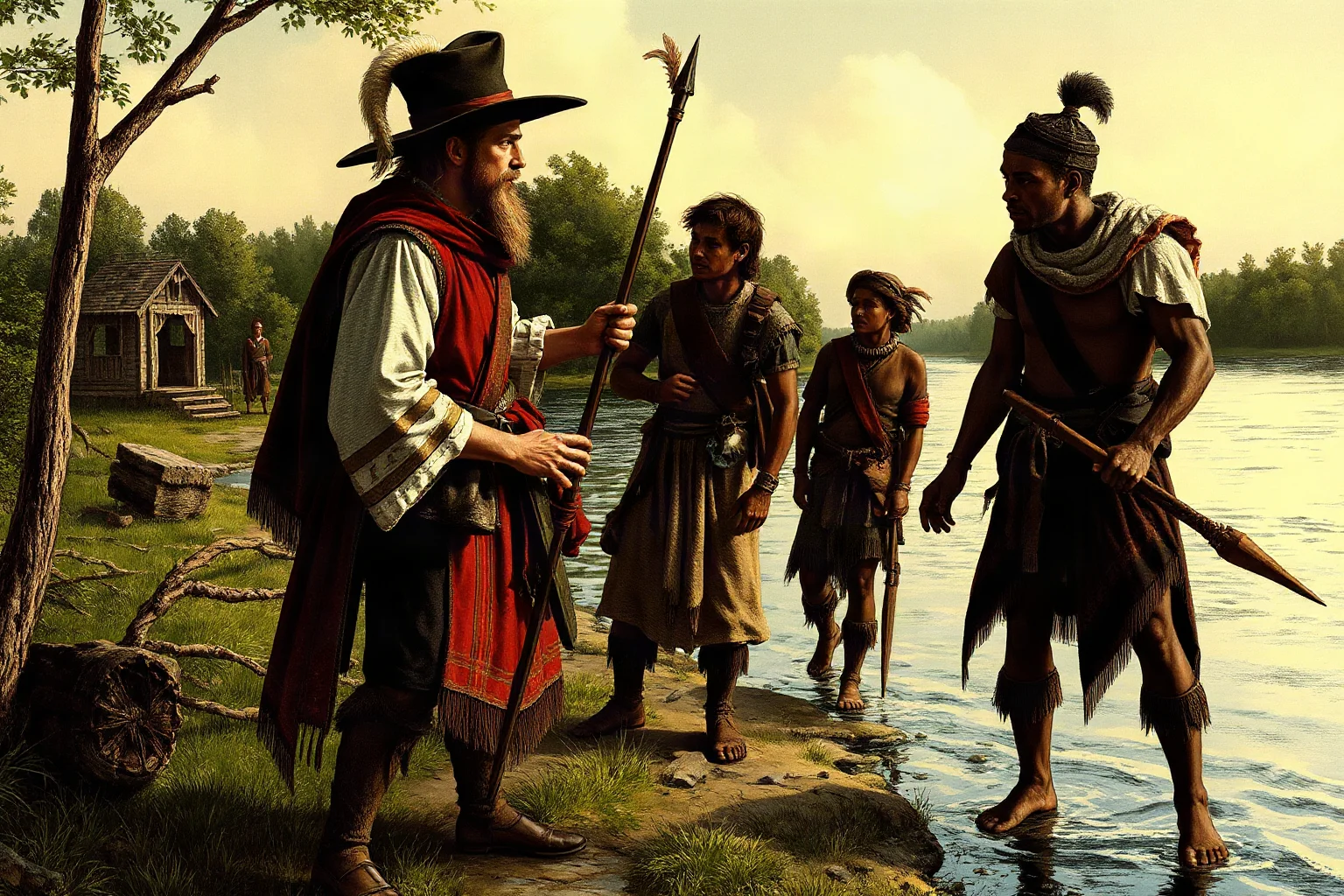 Two figures, an English explorer and a Powhatan community, in tense negotiation on a riverbank, 1600s historical illustration