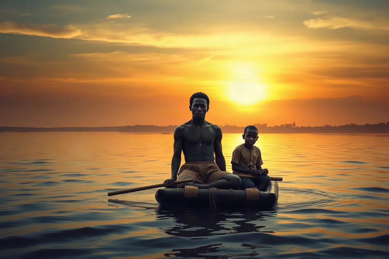 Two figures on a raft on a river at sunset, one appearing to be an escaped enslaved person and a young boy