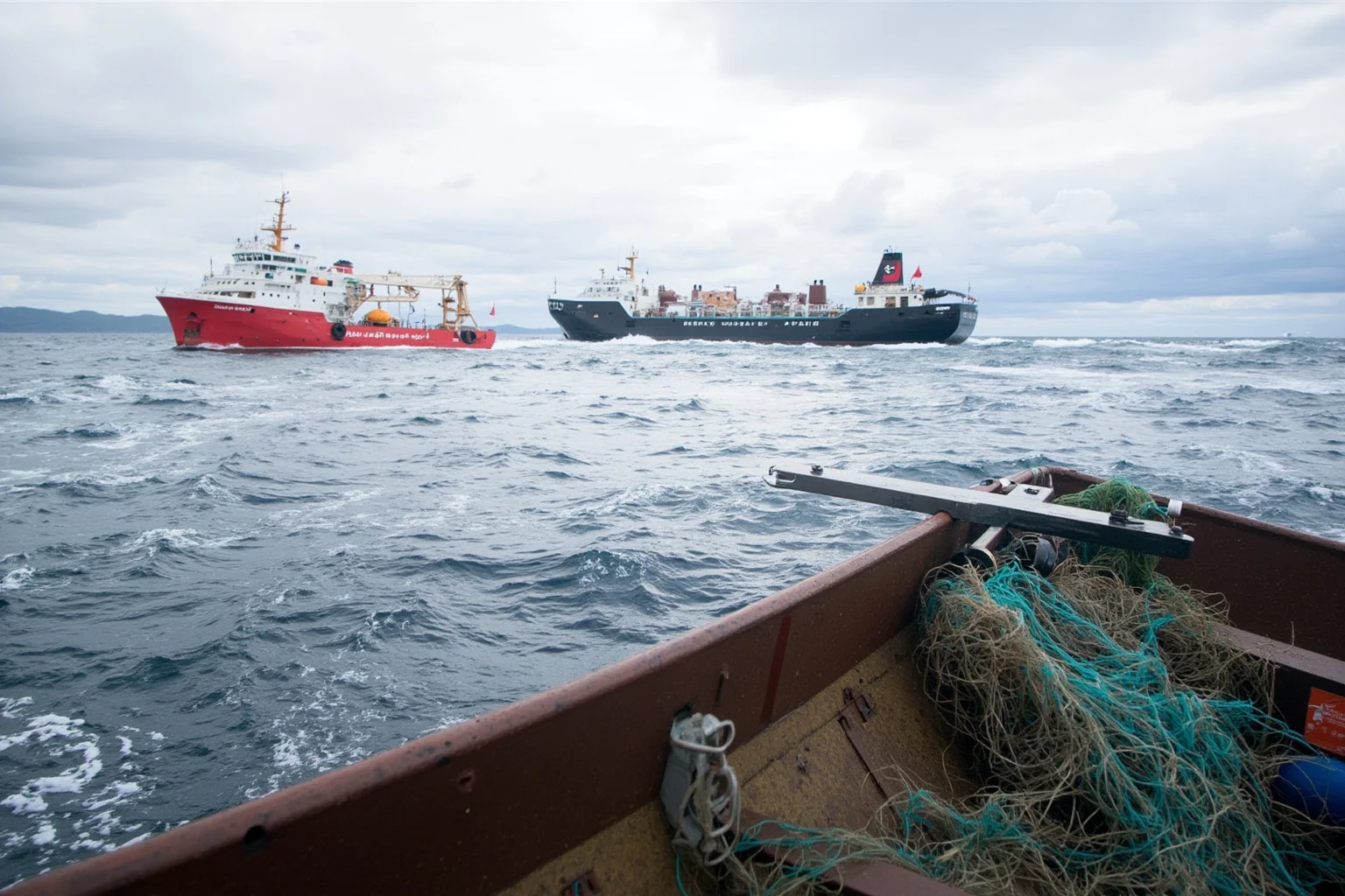 Two fishing trawler ships in rough North Atlantic waters with a cable cutter device near tangled nets