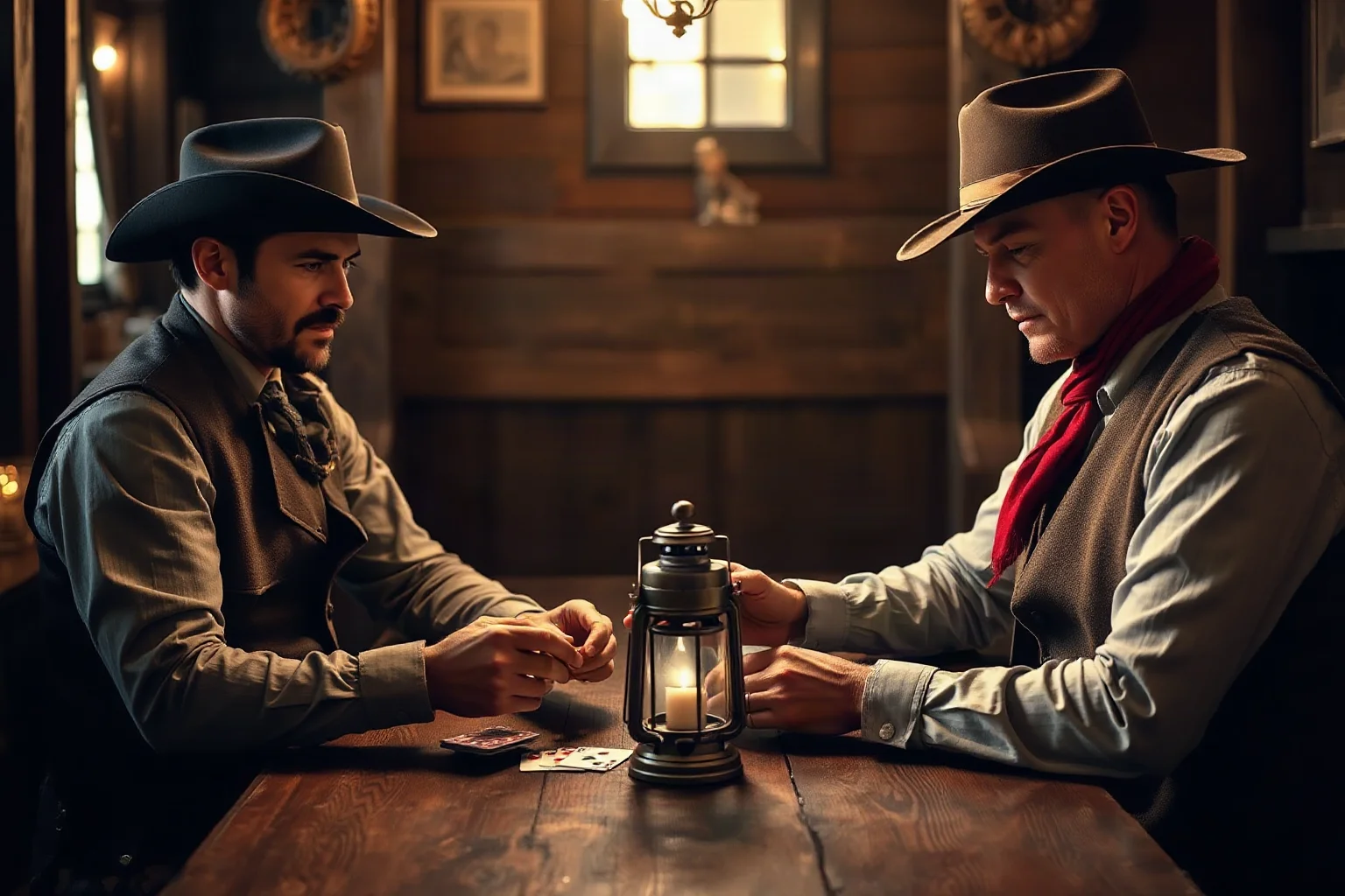 Two frontier gamblers in vests and hats playing cards at a saloon table lit by lantern light