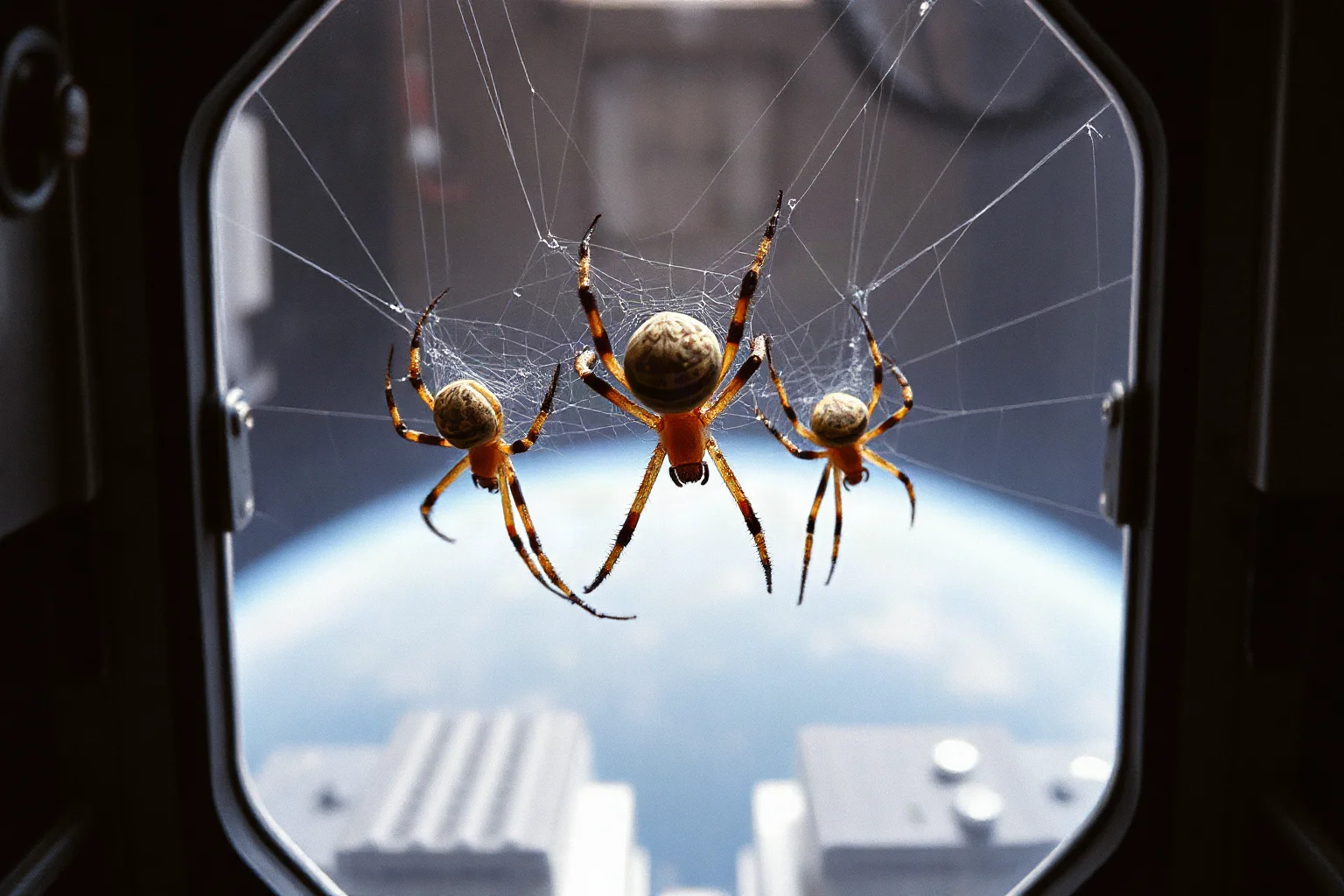 Two garden spiders with their webs in a zero-gravity space station module, 1973
